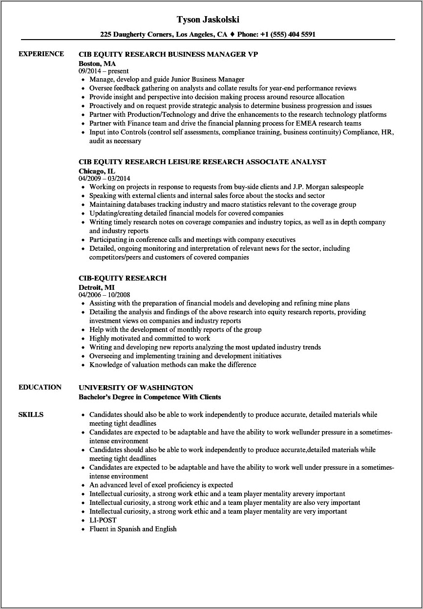 Equity Research Associate Resume Sample