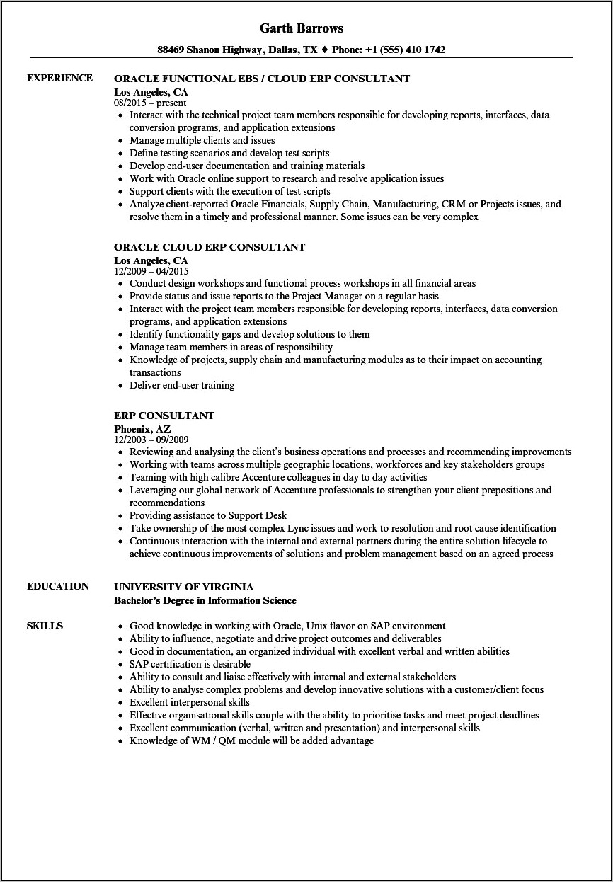 Erp Implementation Consultant Resume Sample