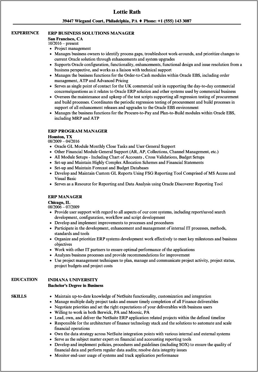 Erp Implementation Project Manager Resume