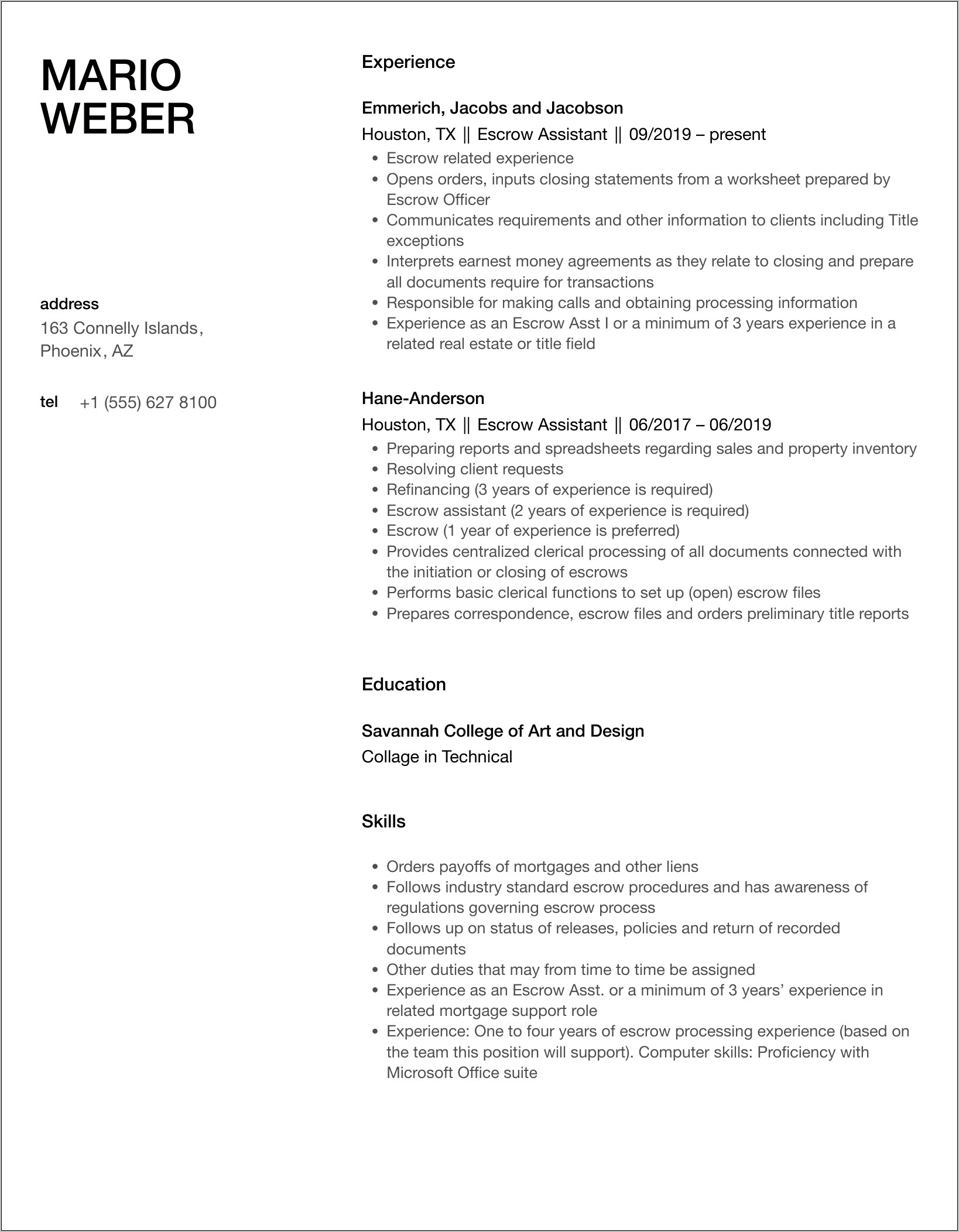 Escrow Assistant Hard Skills Resume