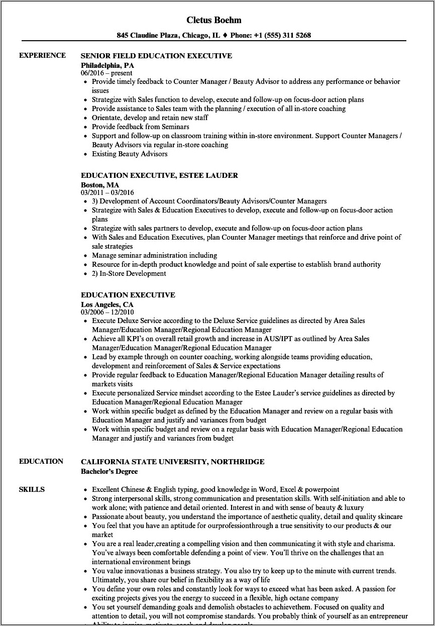 Estee Lauder Business Manager Resume