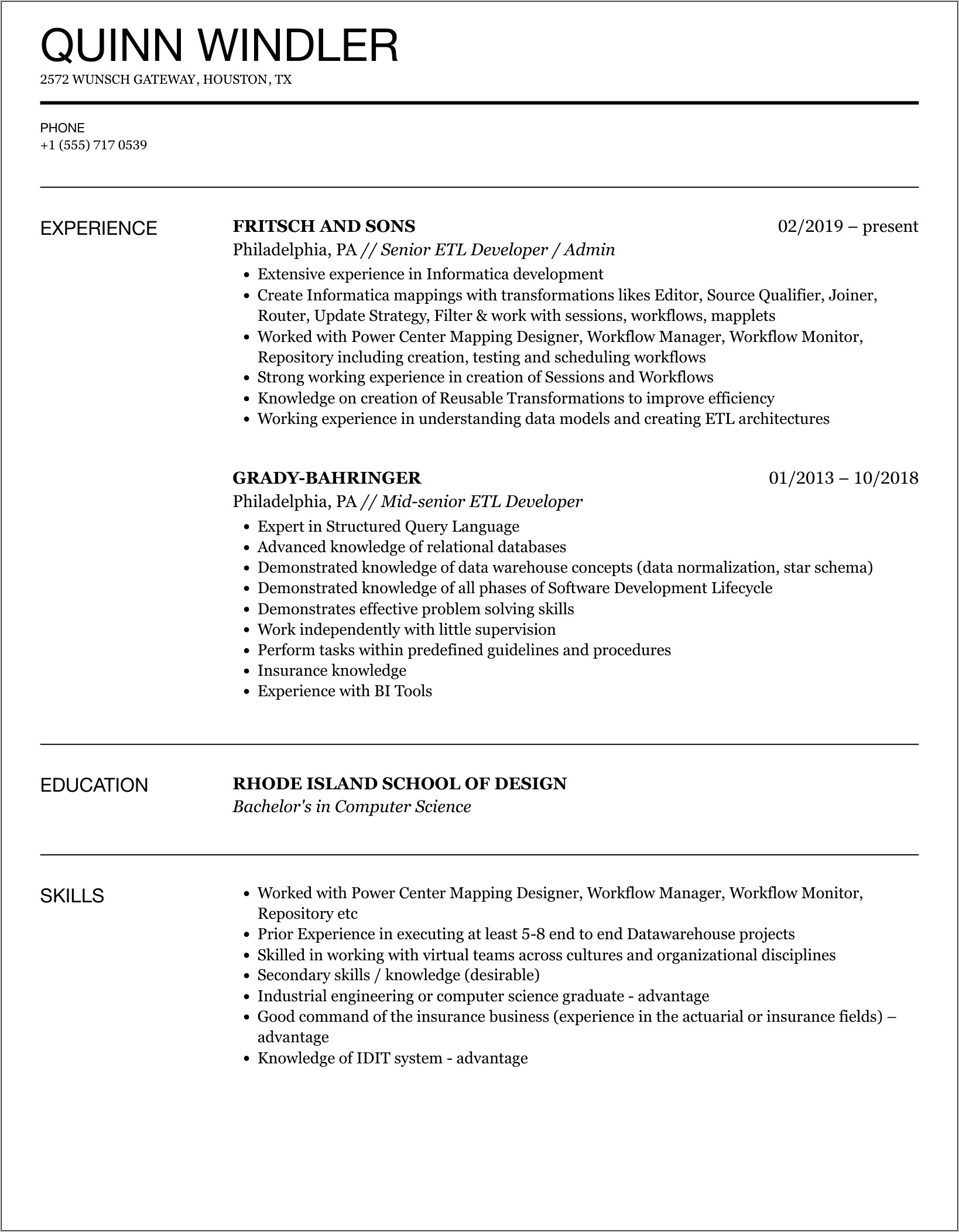 Etl Developer Python Resume Sample