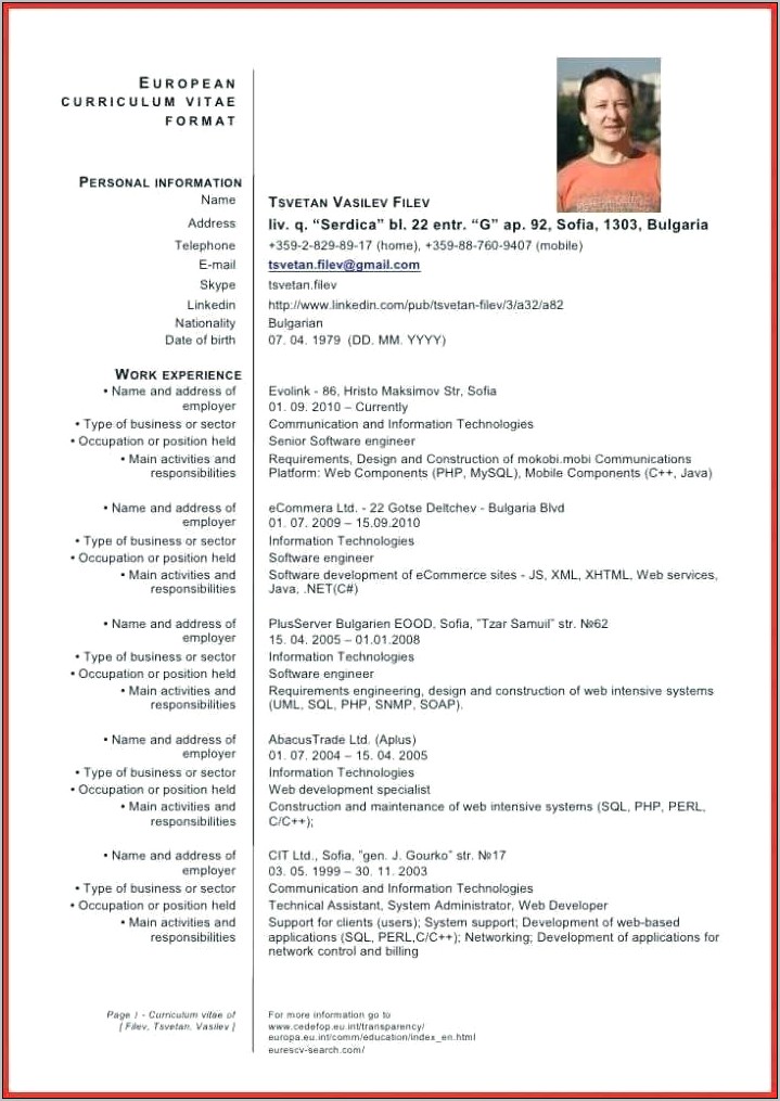 Europass Download The Cv Template And Instructions