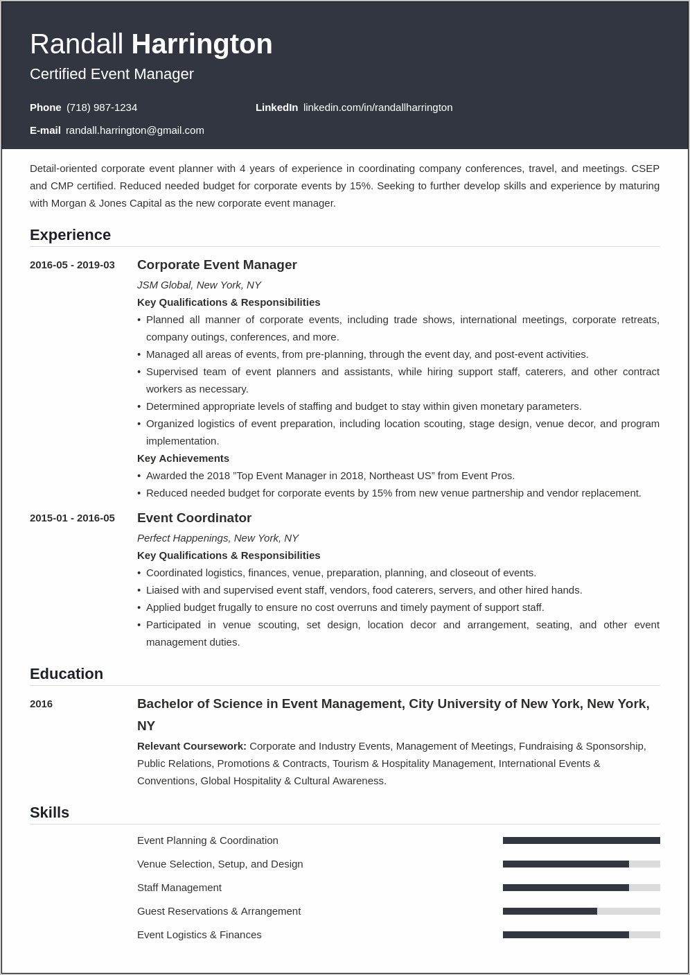 Event Center Manager Resume Summary