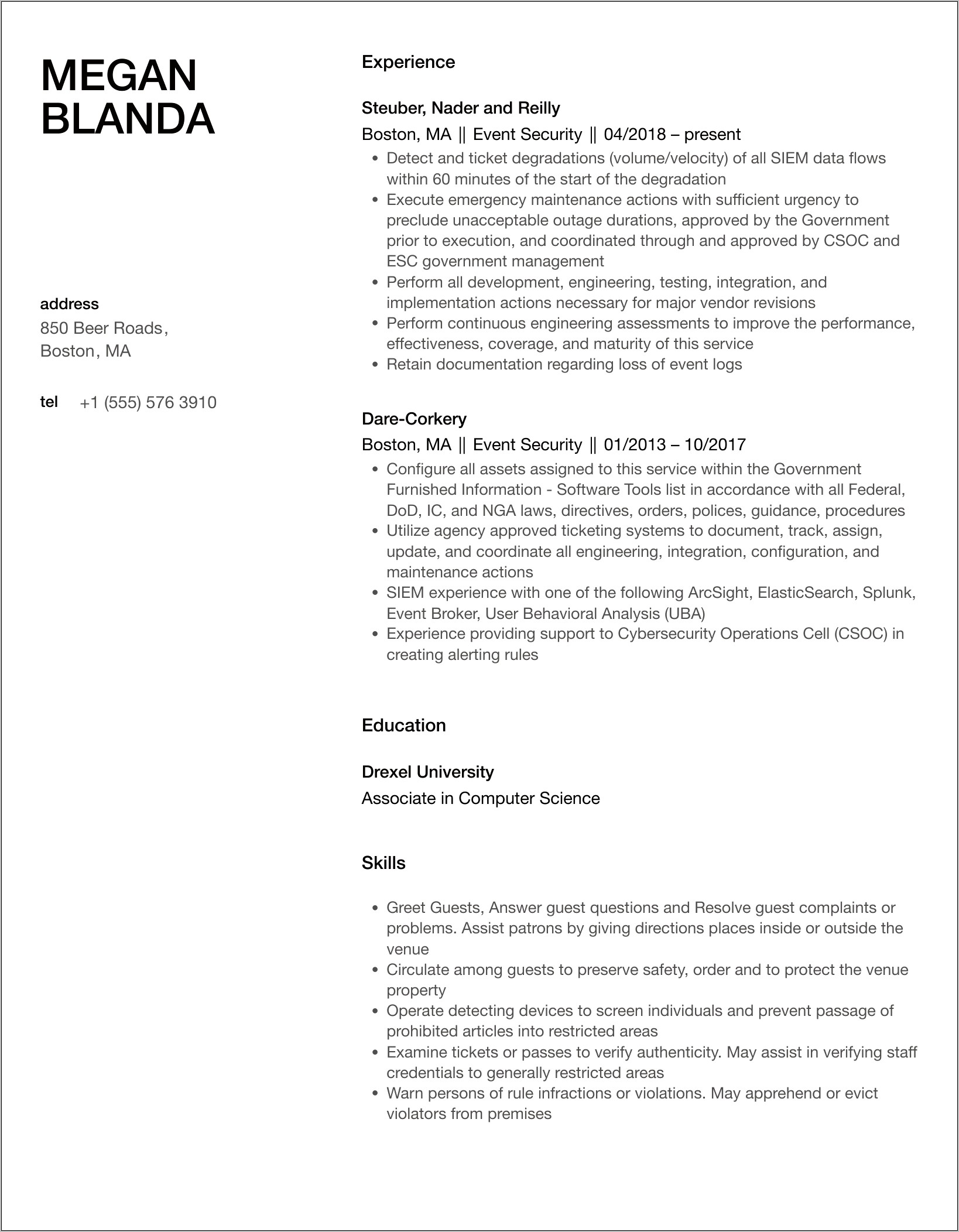 Event Security Guard Resume Sample