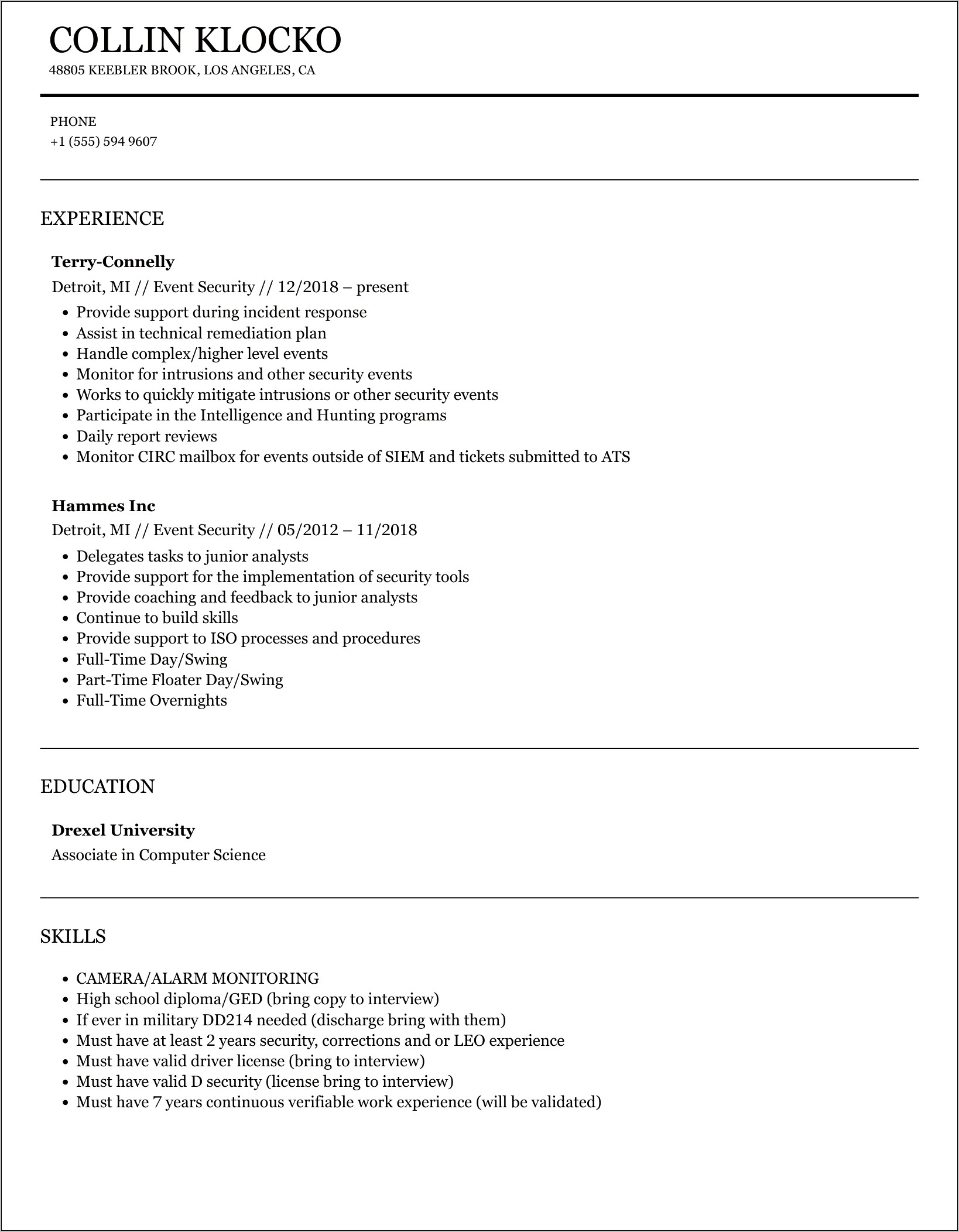 Event Security Officer Resume Sample