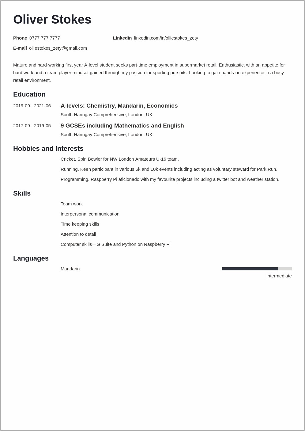 Example 16 Year Old Resume