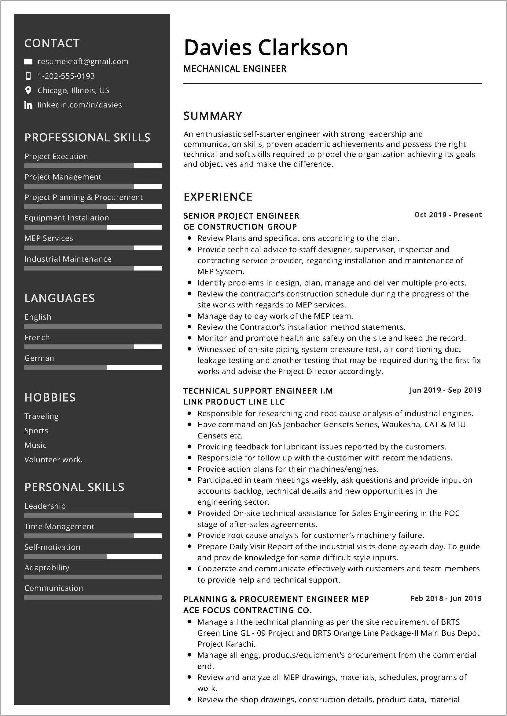 Example Experienced Mechanical Engineering Resume