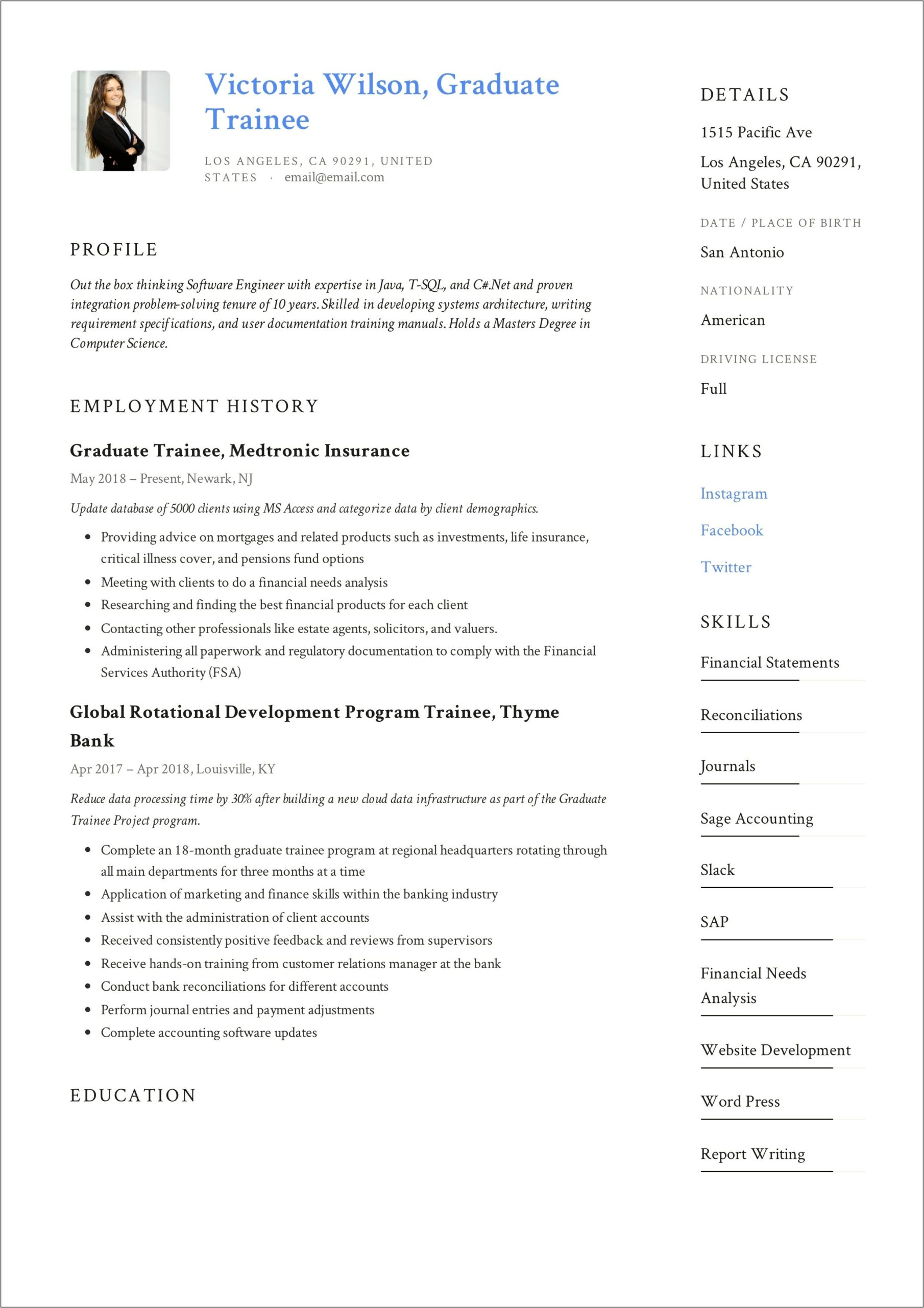 Example Finance Graduate Summary Resume