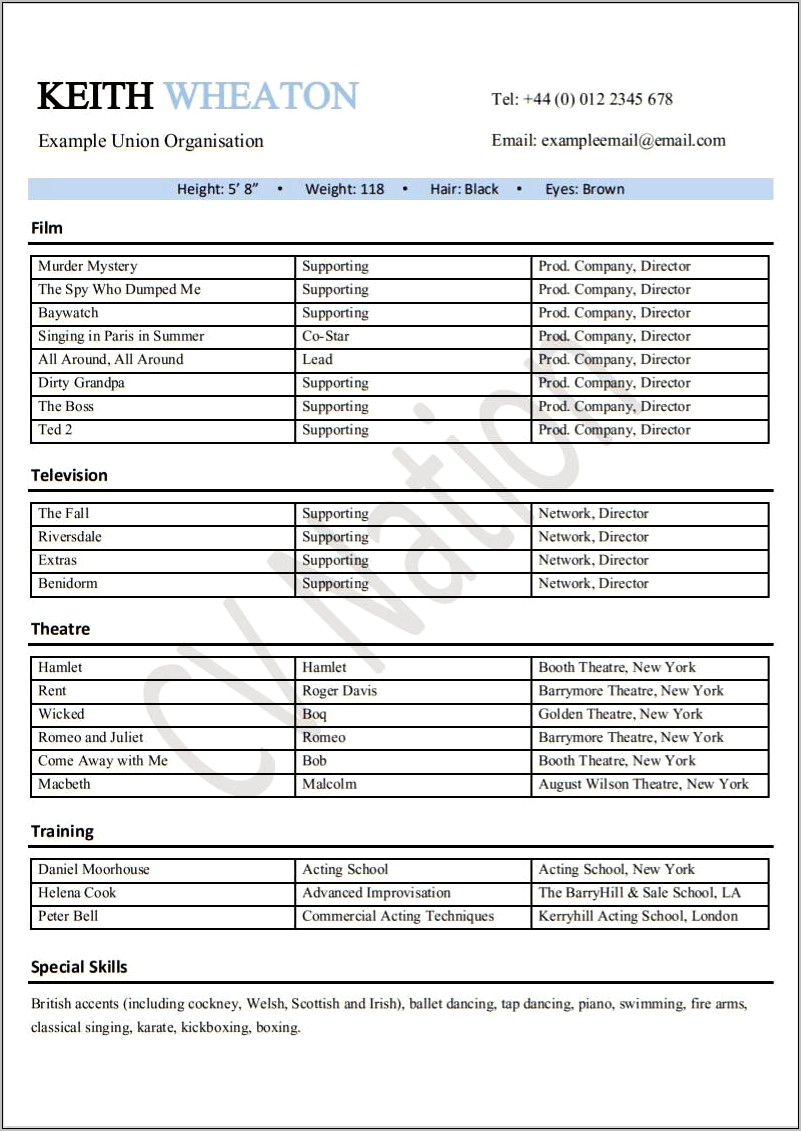 Example Functional Resume Theater Degree