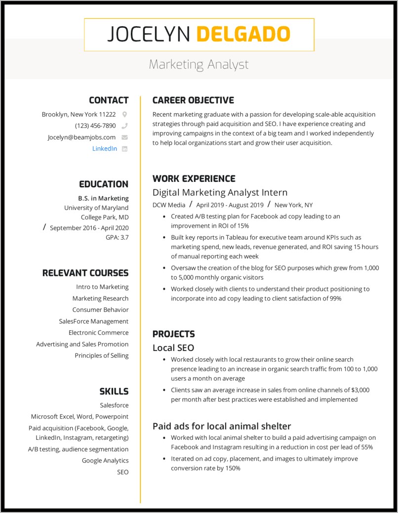 Example Marketing Resume Entry Level