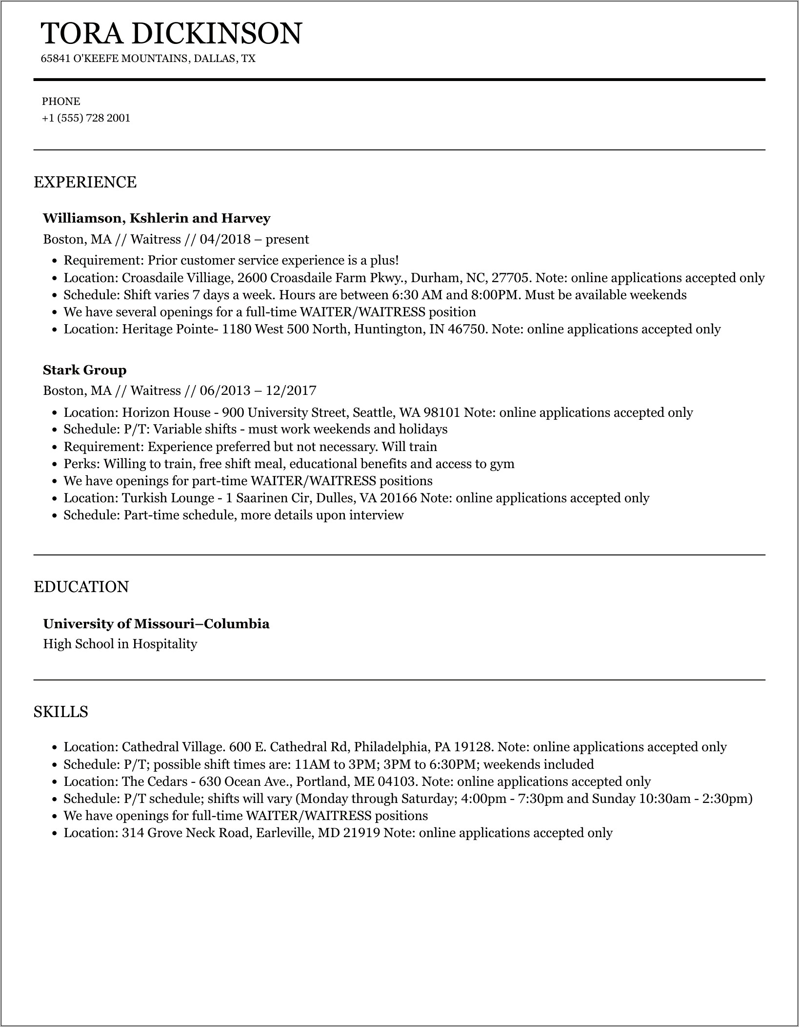 Example Objective For Resume Waitress