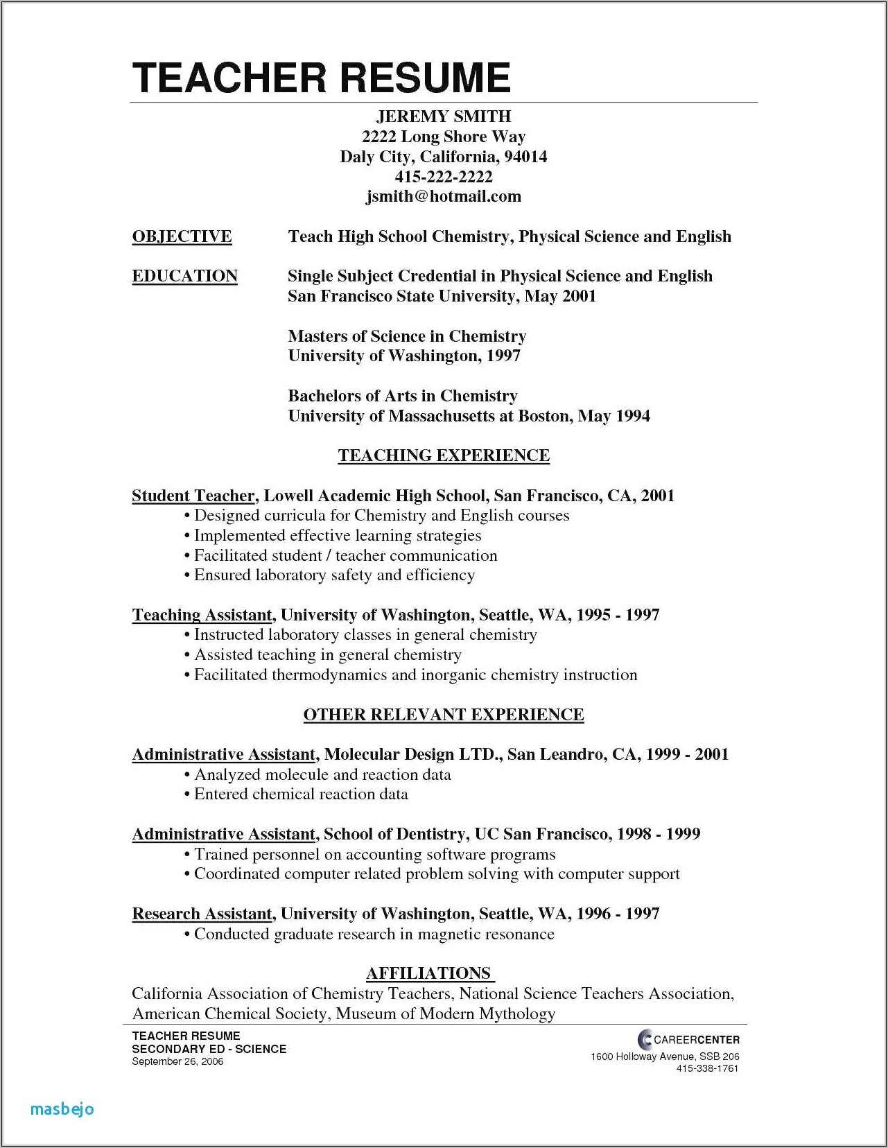 Example Objectives For Teacher Resume