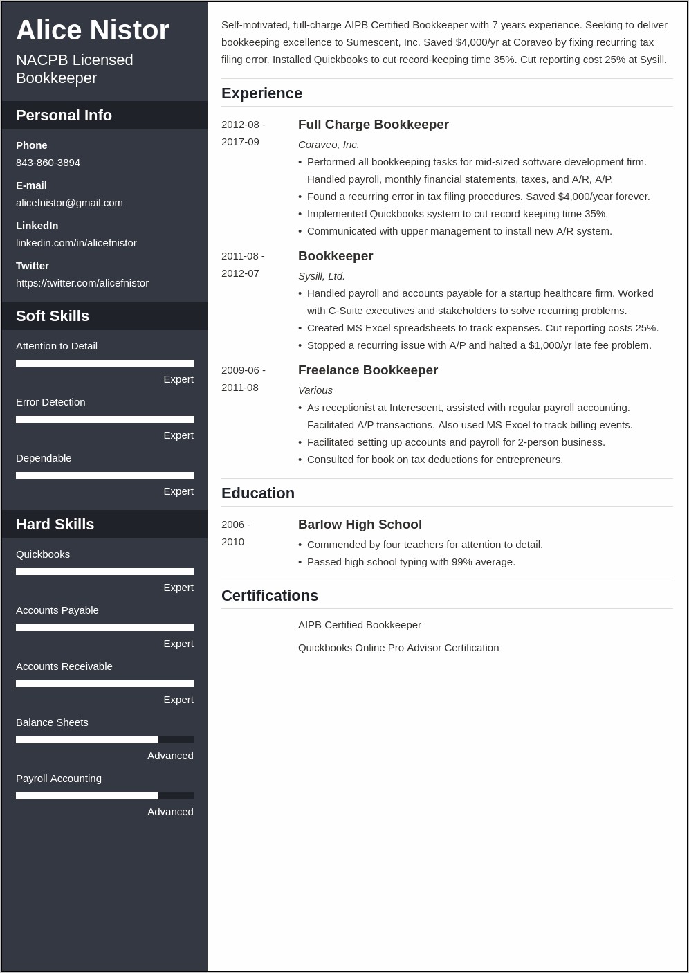 Example Of A Bookkeeper Resume