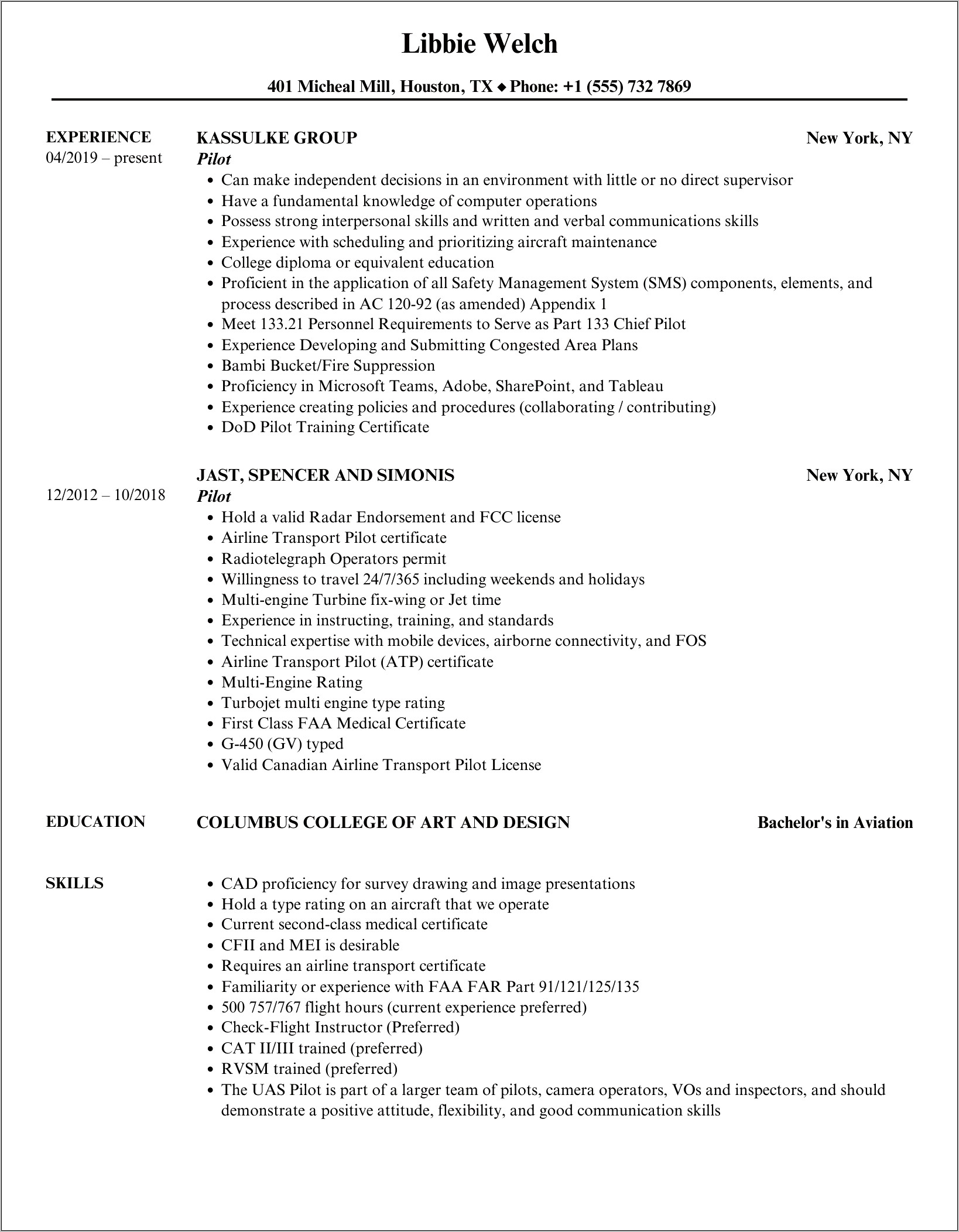Example Of A Pilot Resume