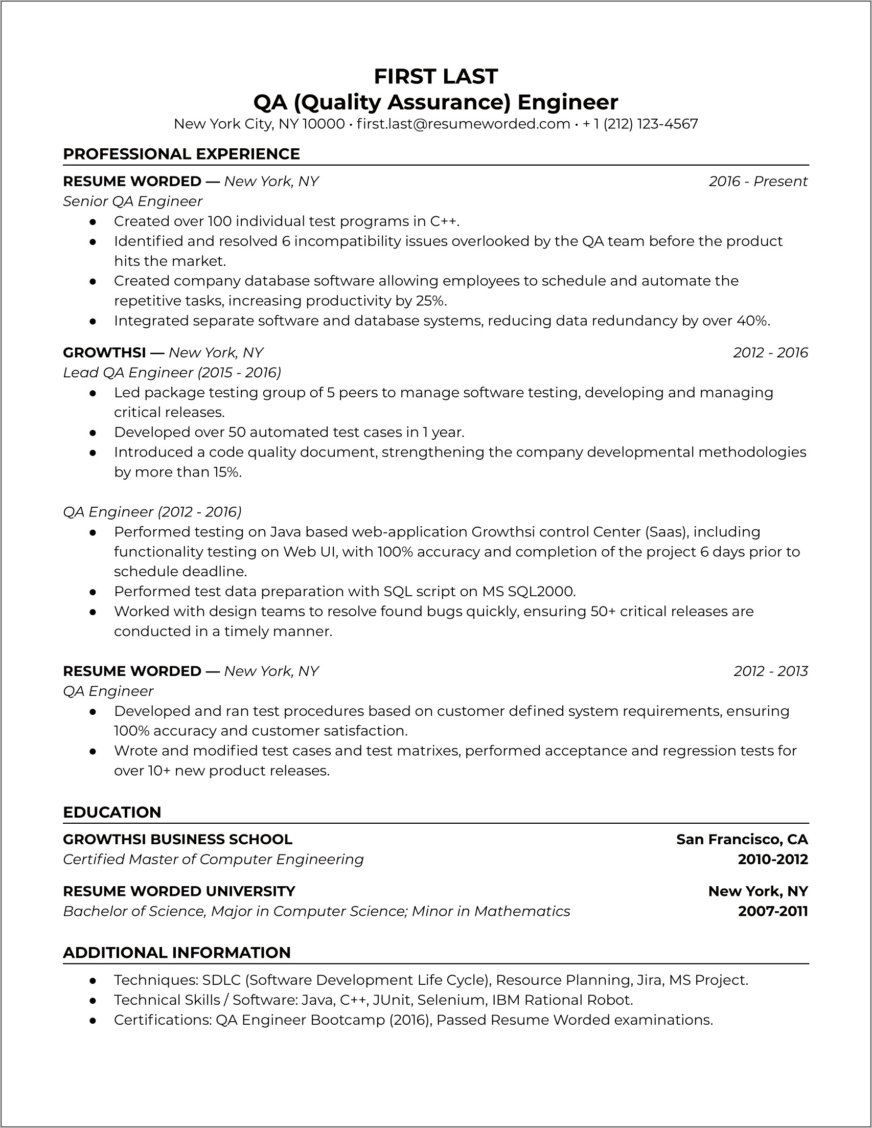 Example Of A Quality Resume