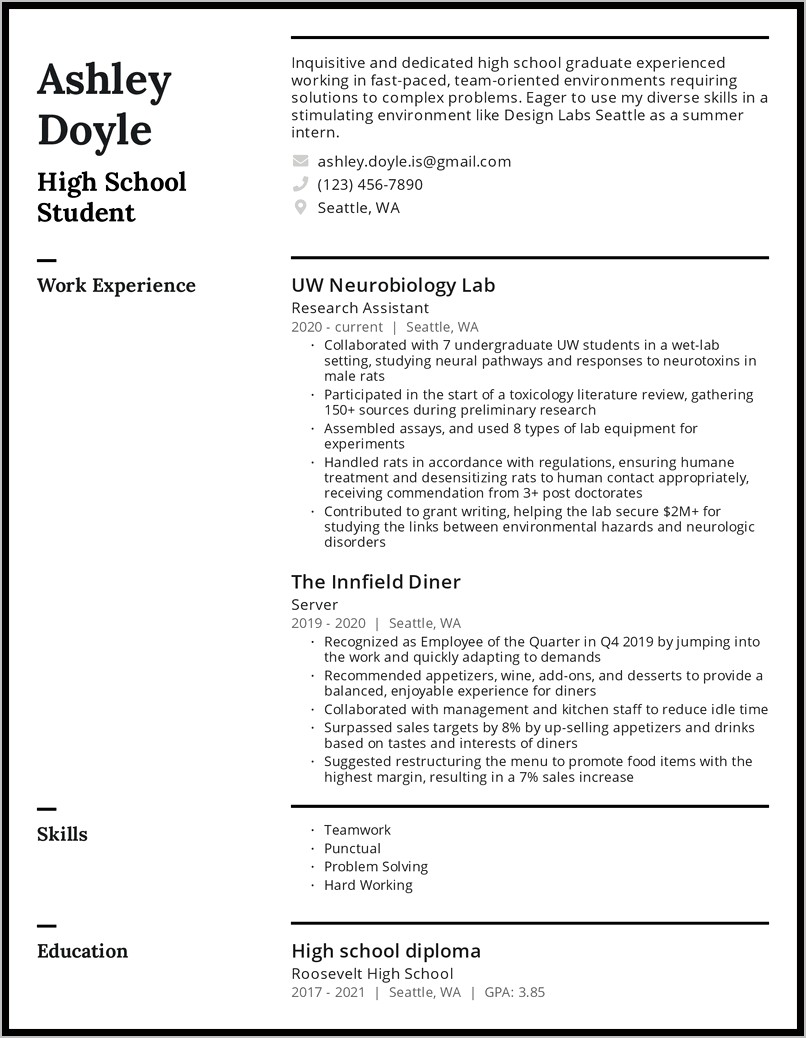 Example Of A Resume College