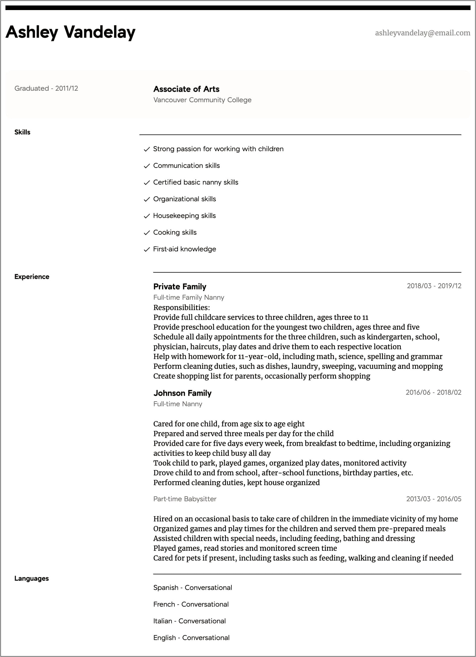 Example Of Baby Sitting Resume