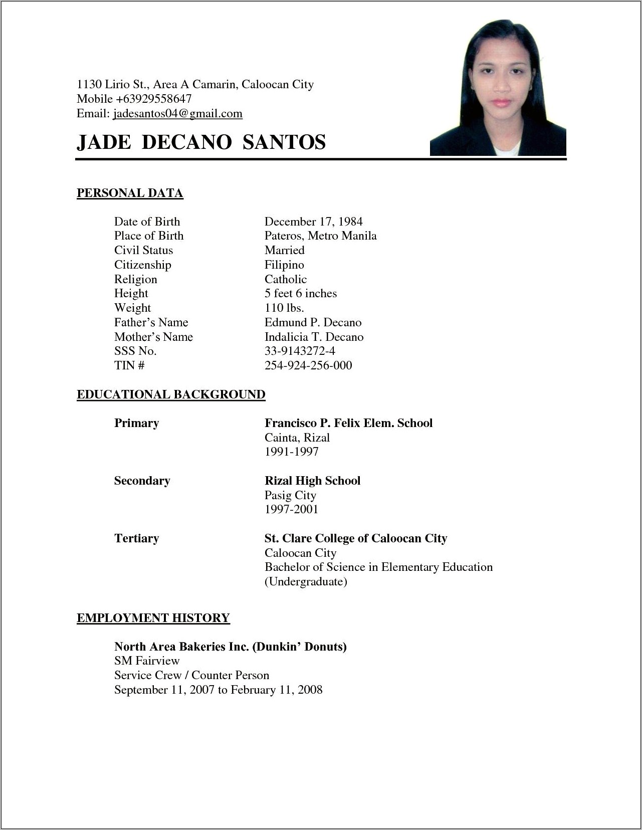 Example Of Basic Resume Layout