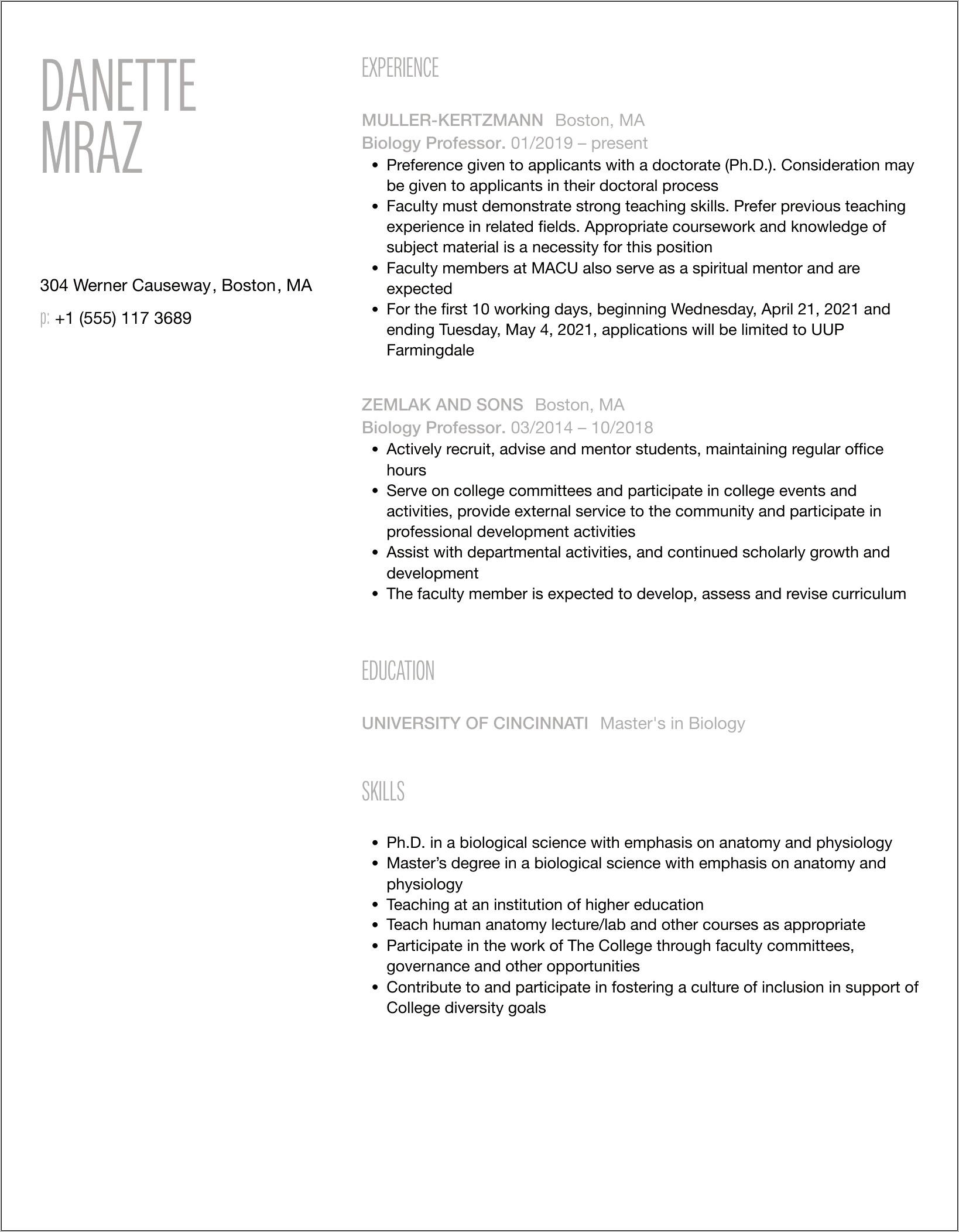 Example Of Biology Lecturer Resume