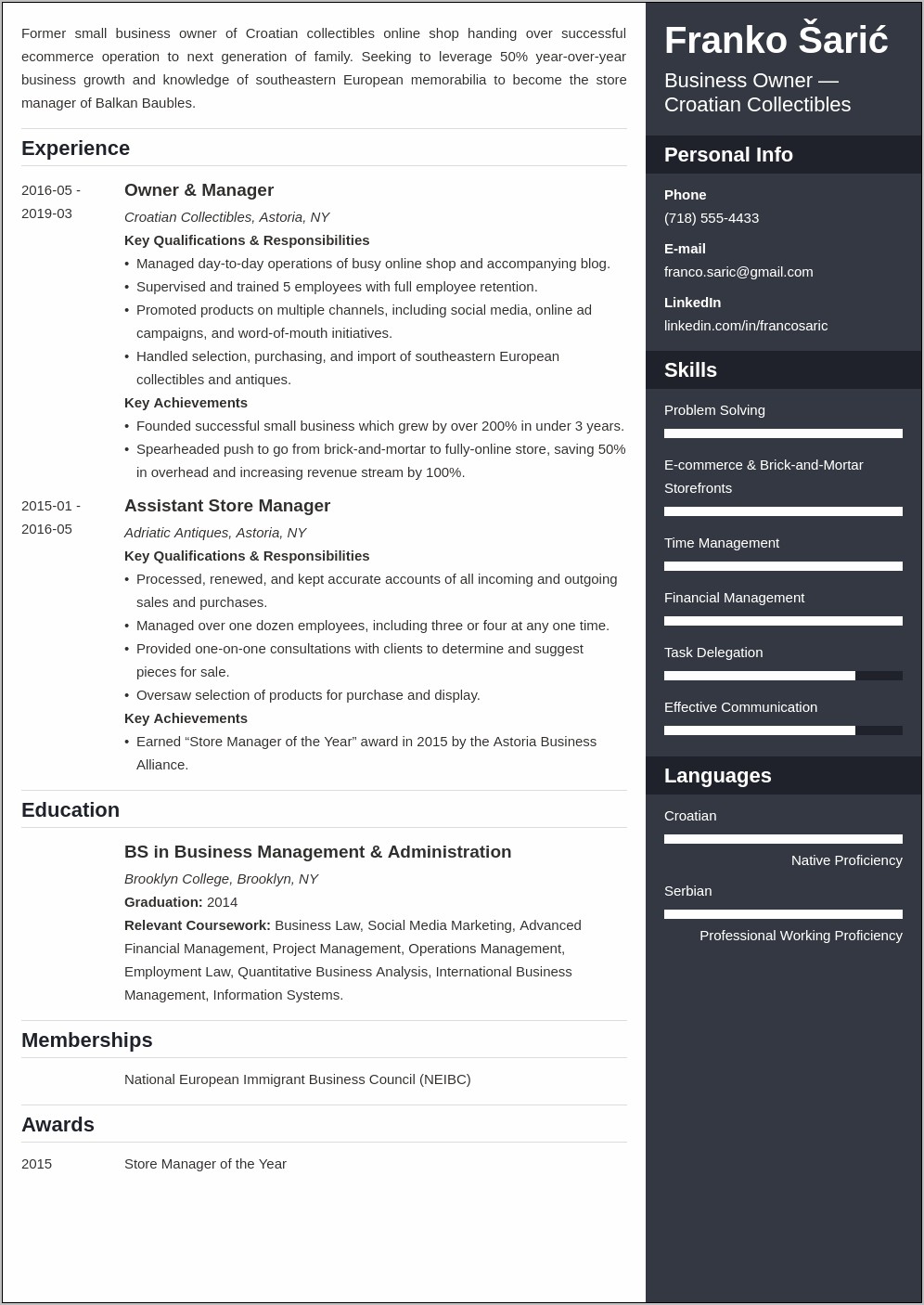 Example Of Business Owner Resume