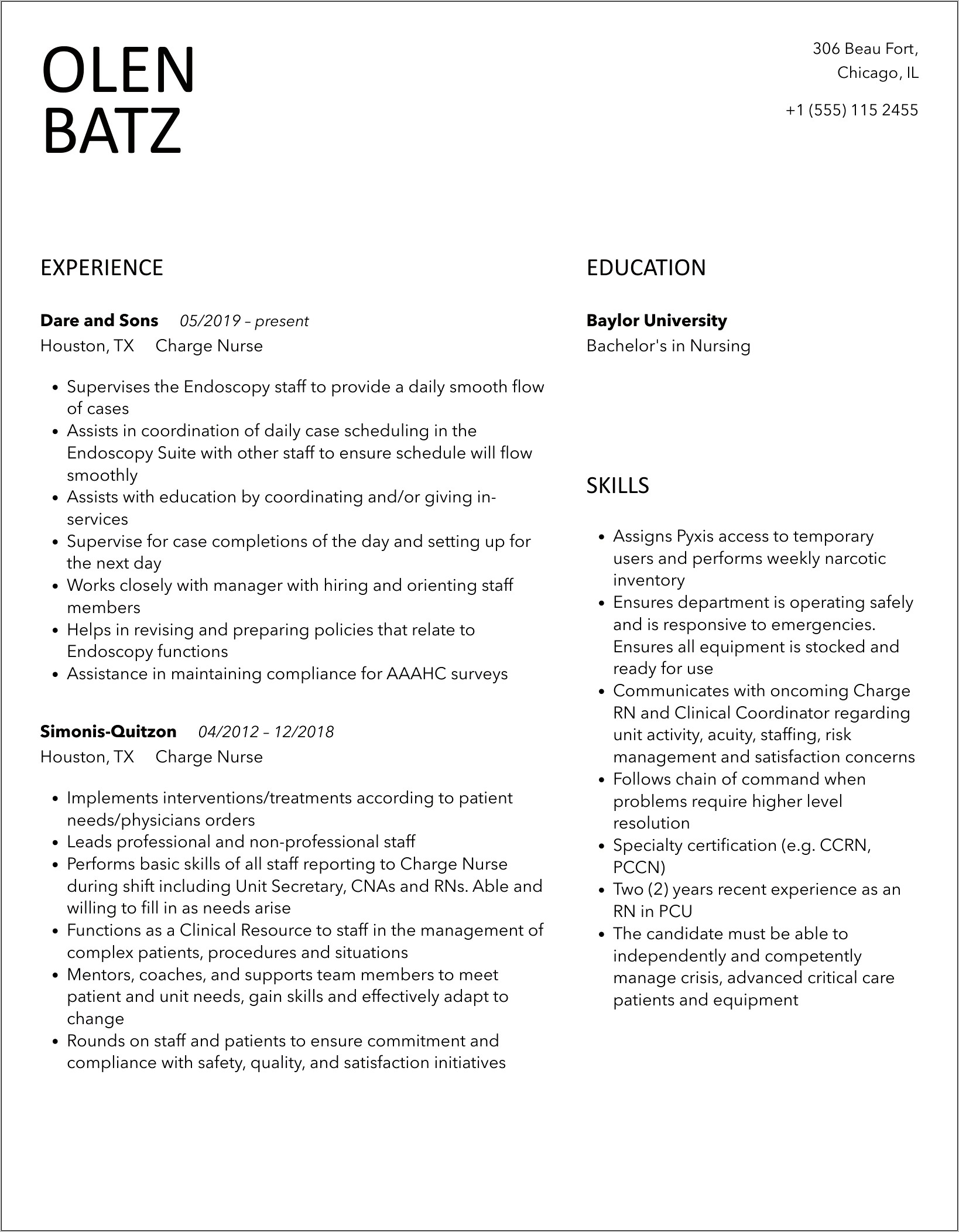 Example Of Charge Nurse Resume