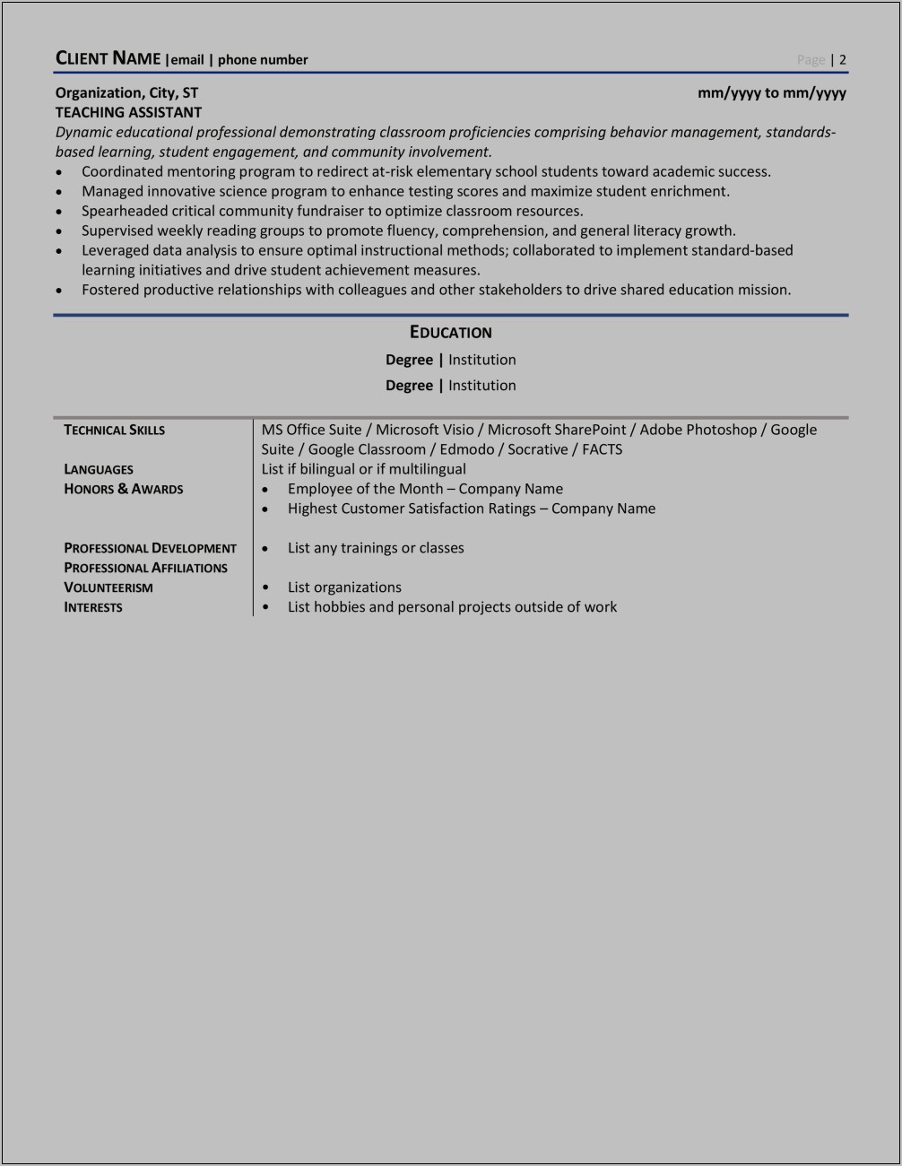 Example Of Elementary Education Resume