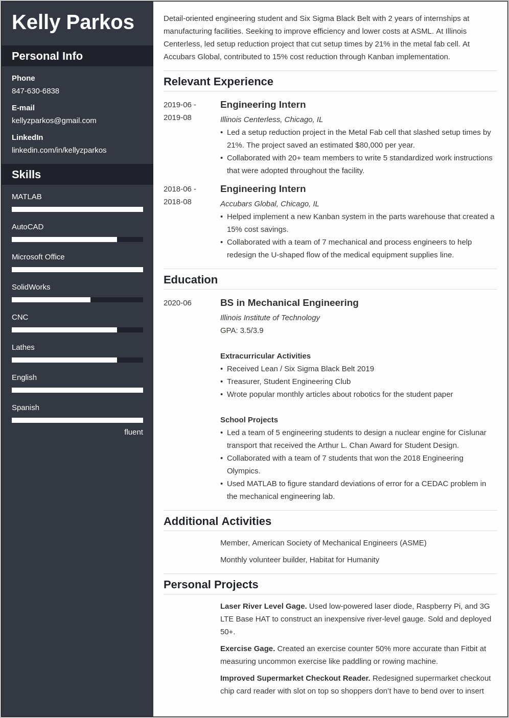 Example Of Engineering Student Resume