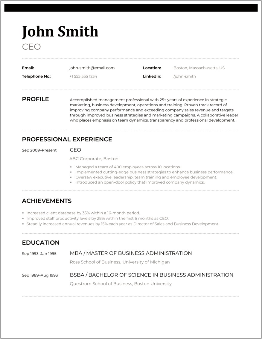 Example Of Executive Resume Australia