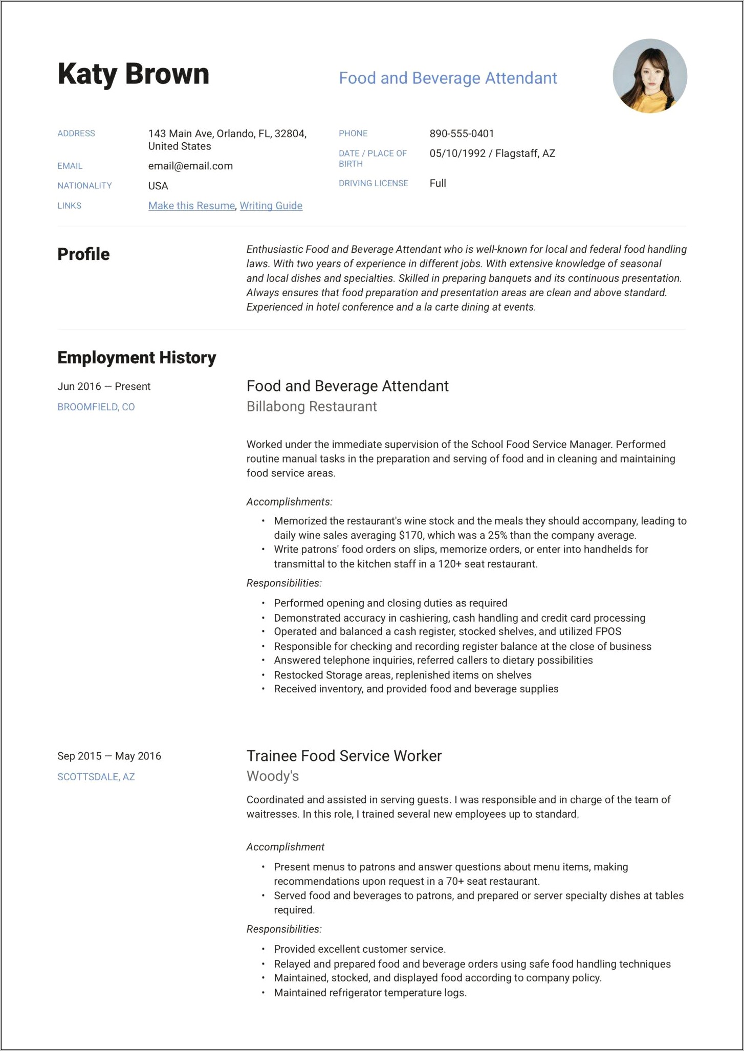 Example Of Food Industry Resume