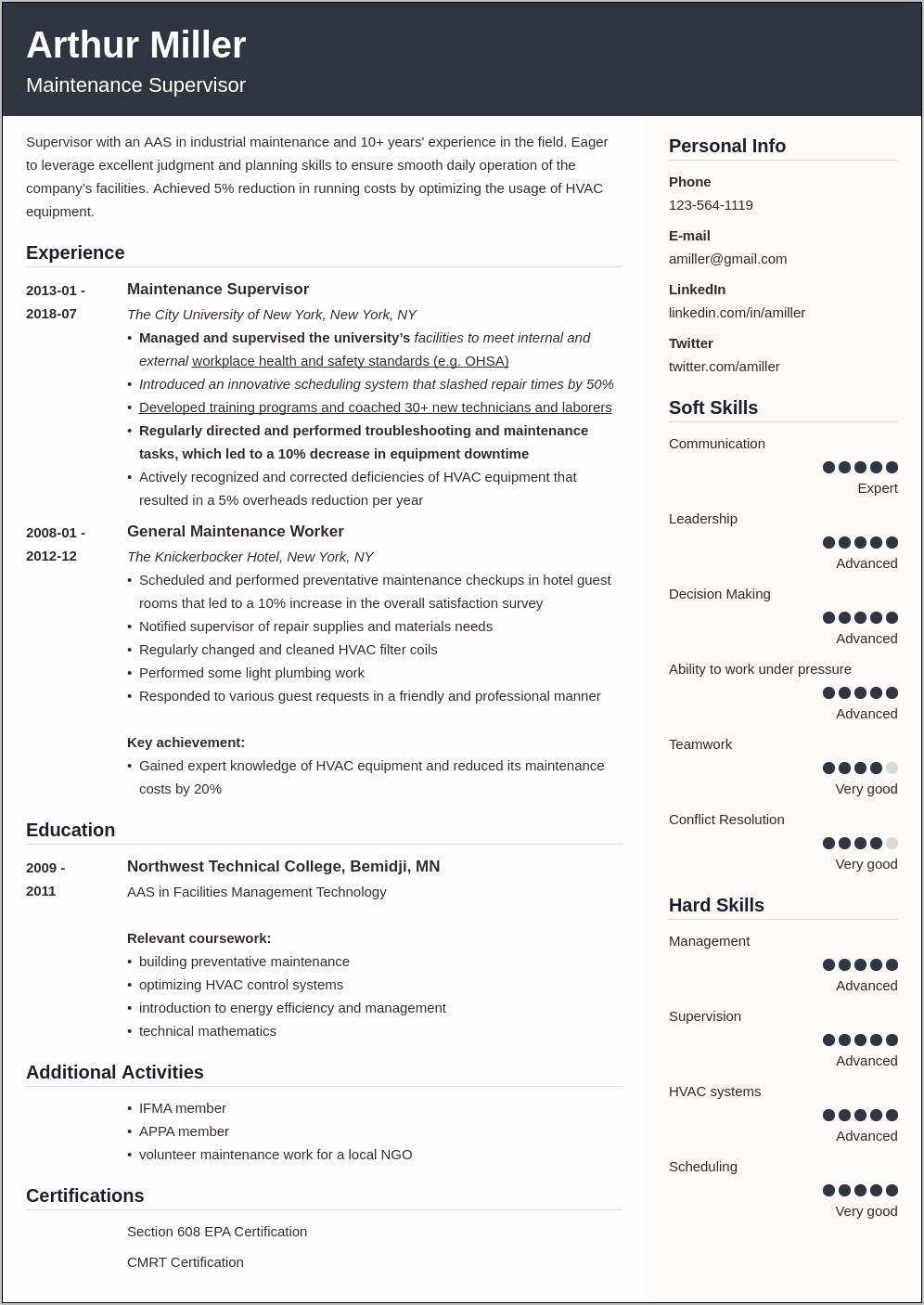 Example Of General Maintence Resume