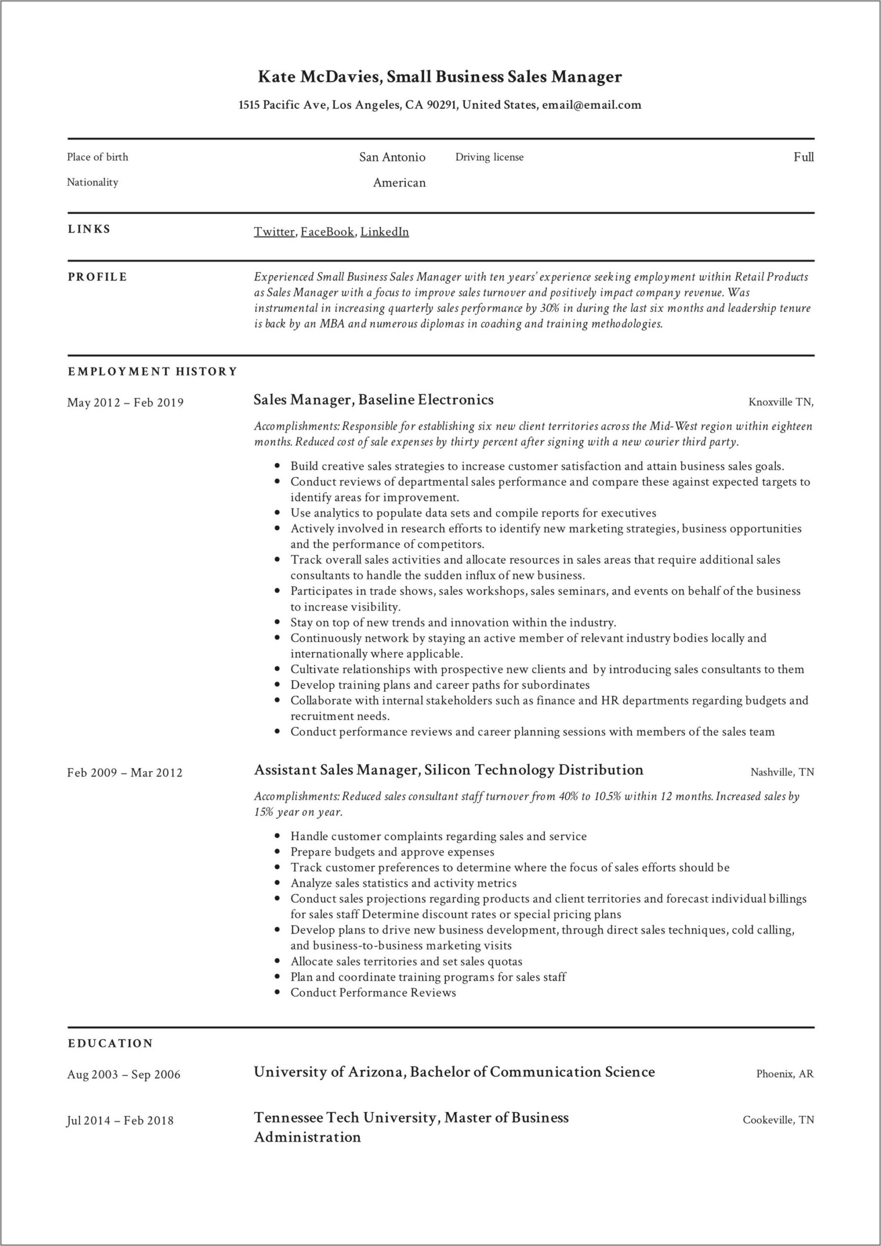 Example Of Good Business Resume