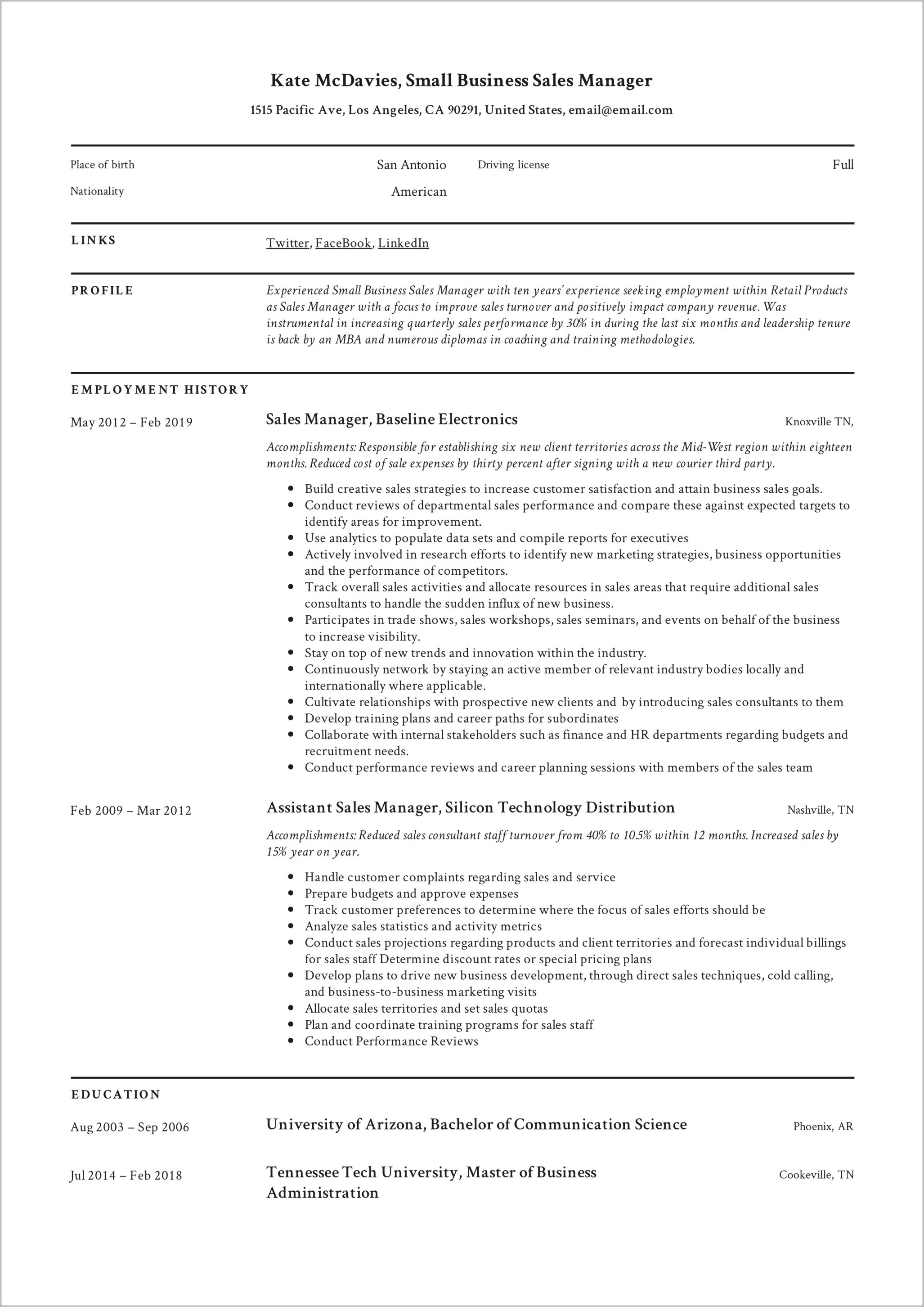 Example Of Good Business Resume