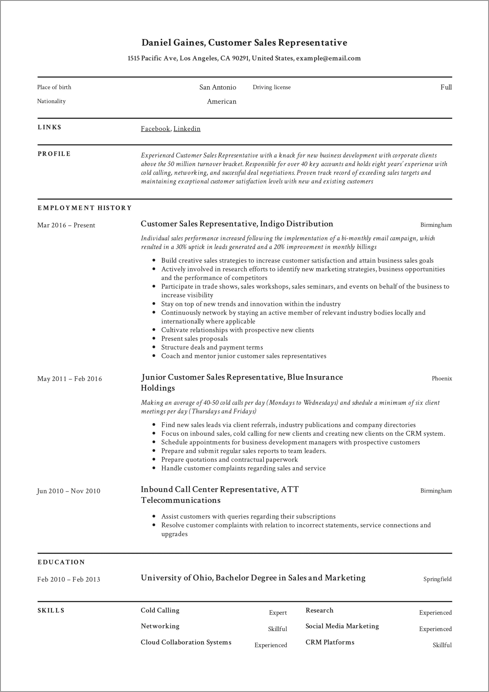 Example Of Great Sales Resume