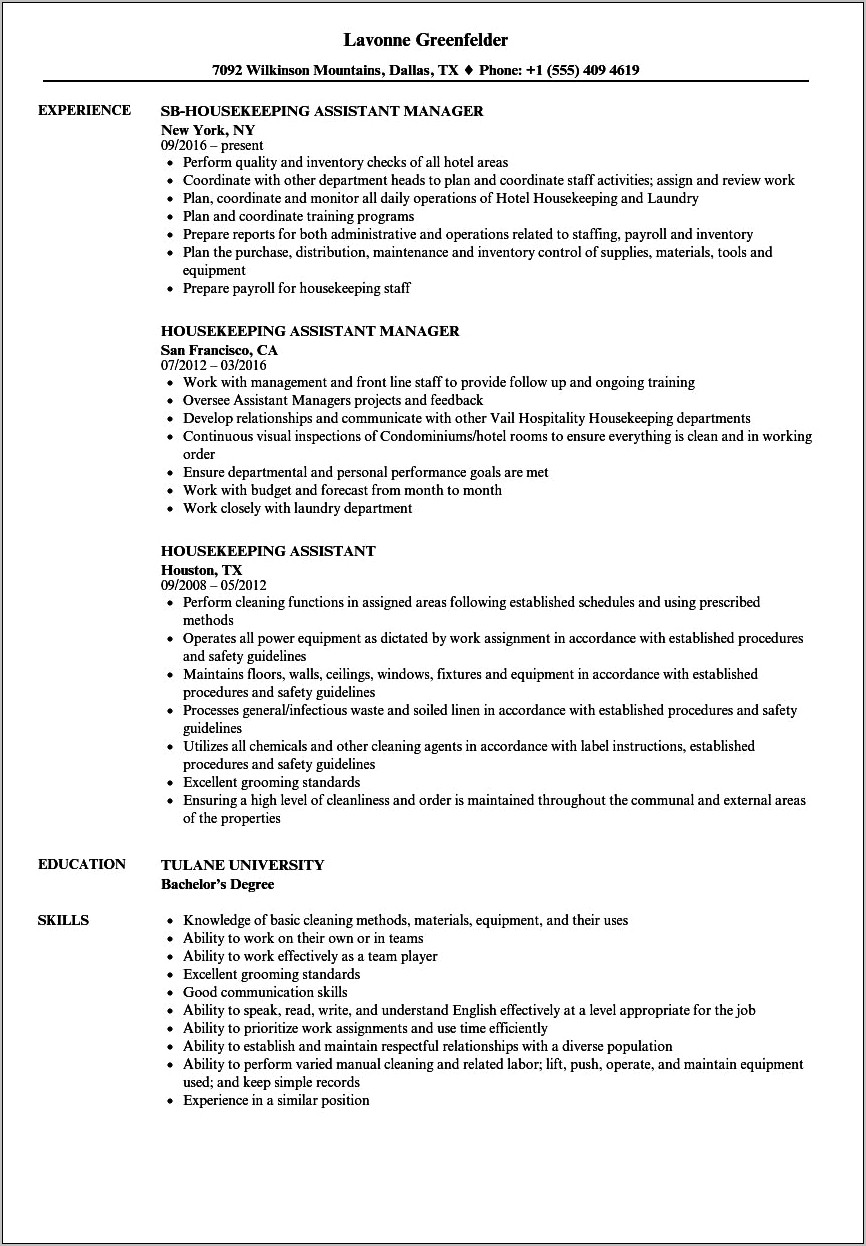 Example Of Hospital Housekeeping Resume