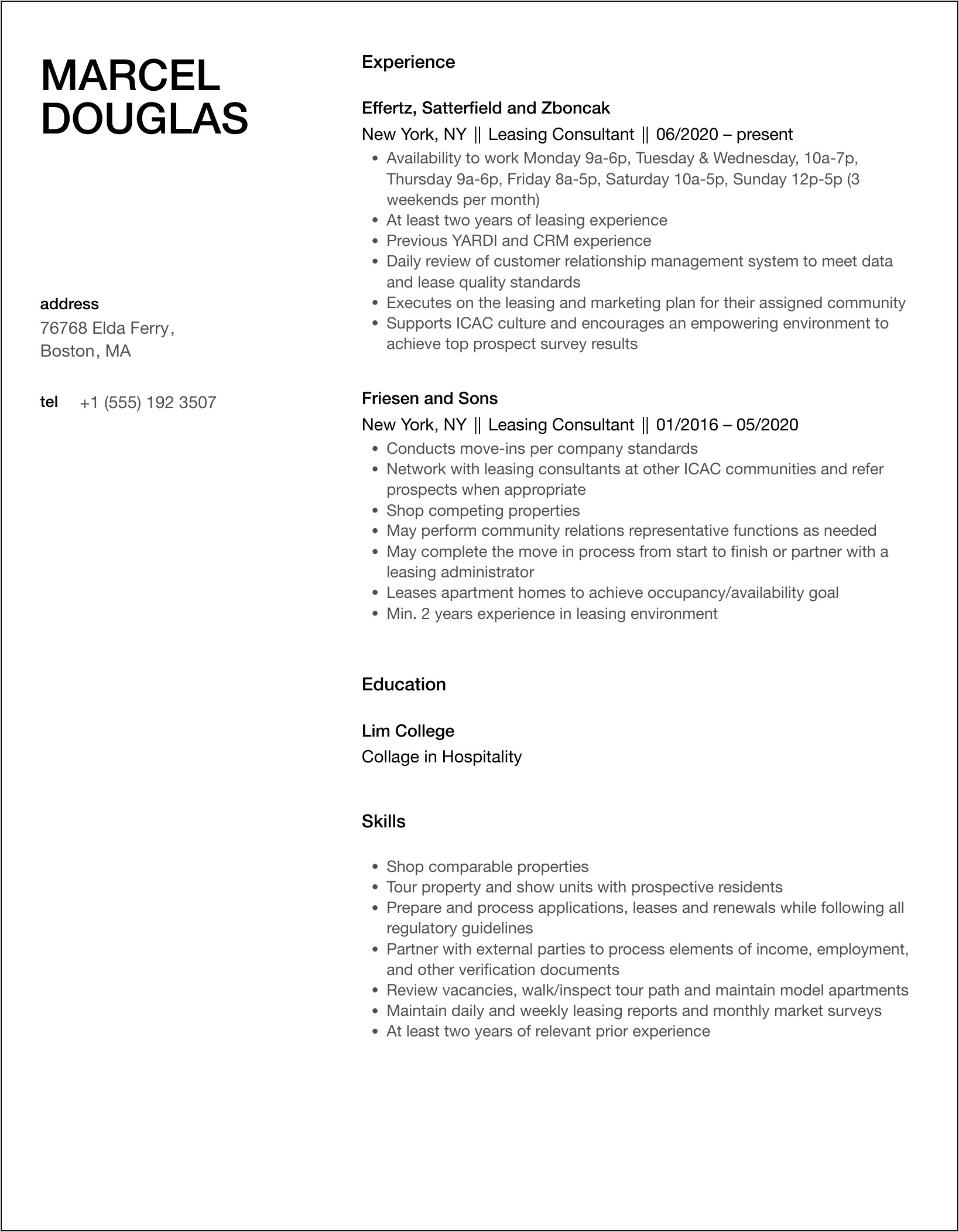 Example Of Leasing Consultant Resume