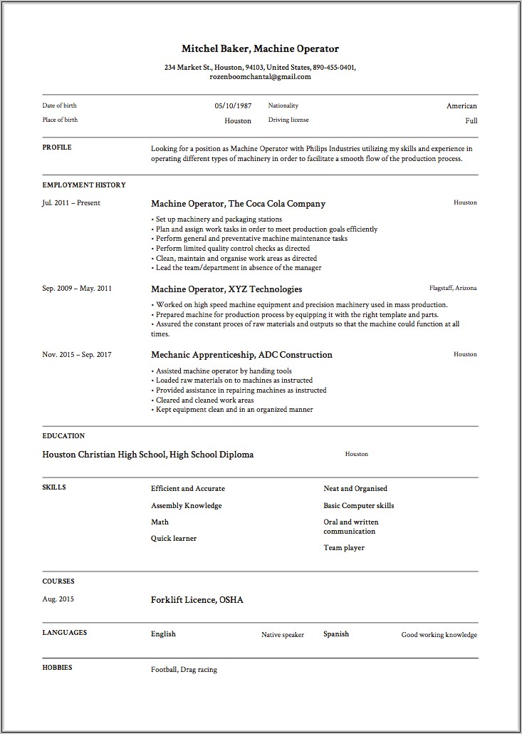 Example Of Machine Operator Resume