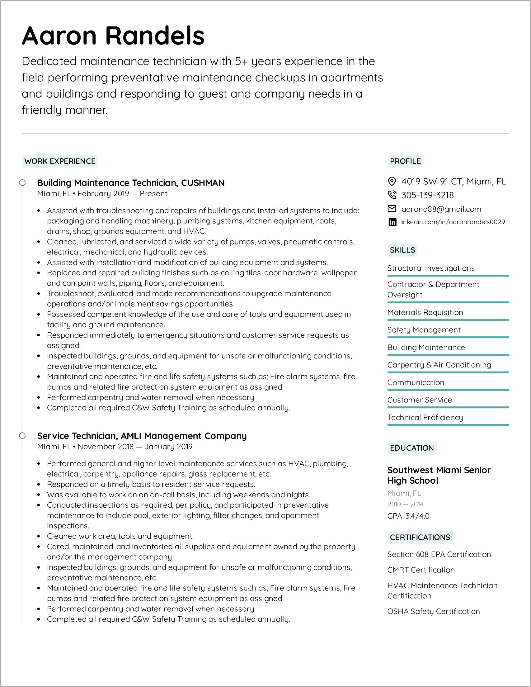 Example Of Maintenance Supervisor Resume