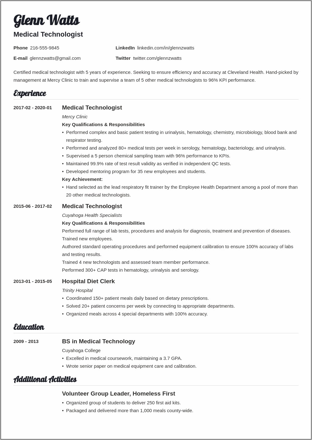Example Of Medical Technologist Resume