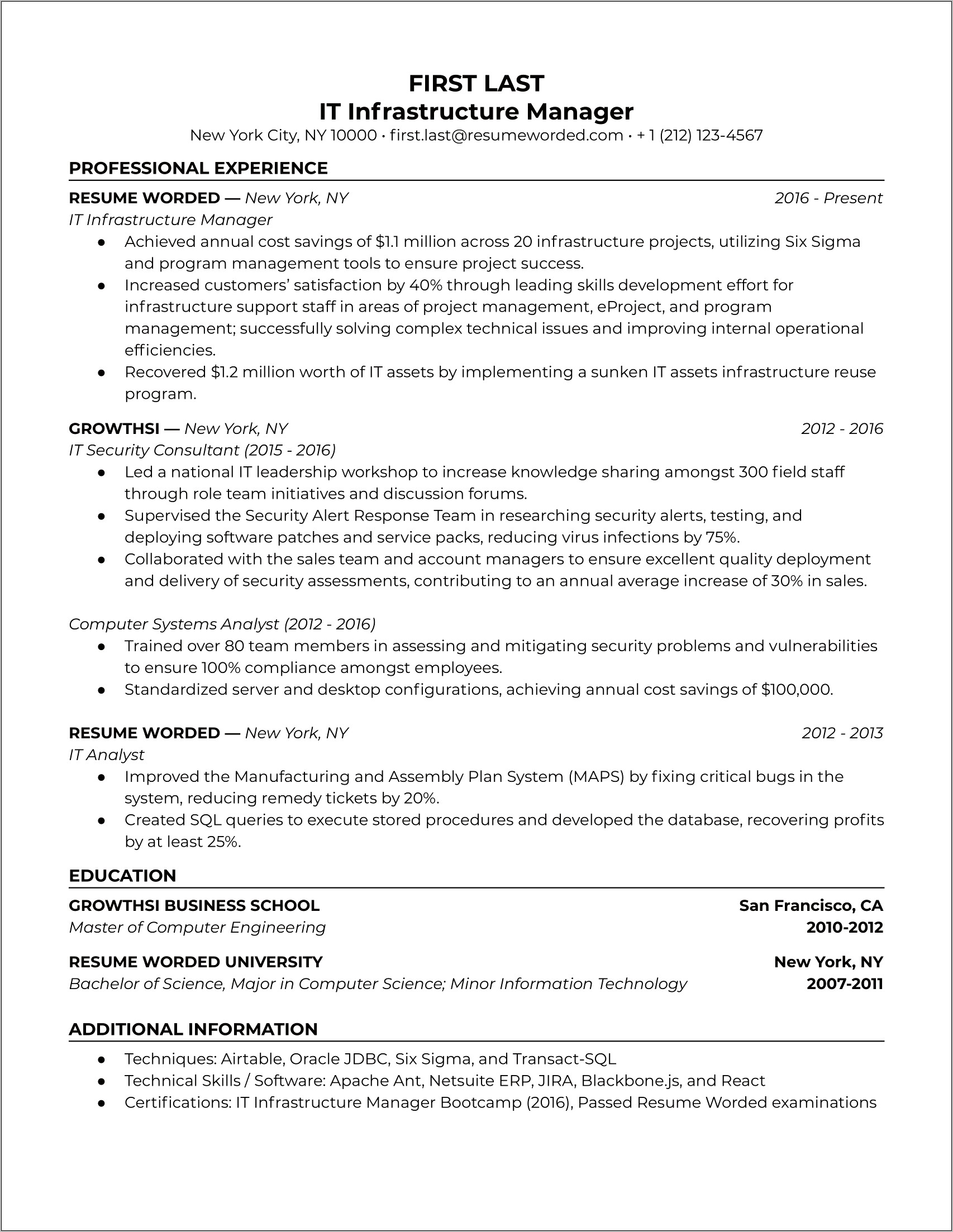 Example Of Metwork Infrastructure Resume