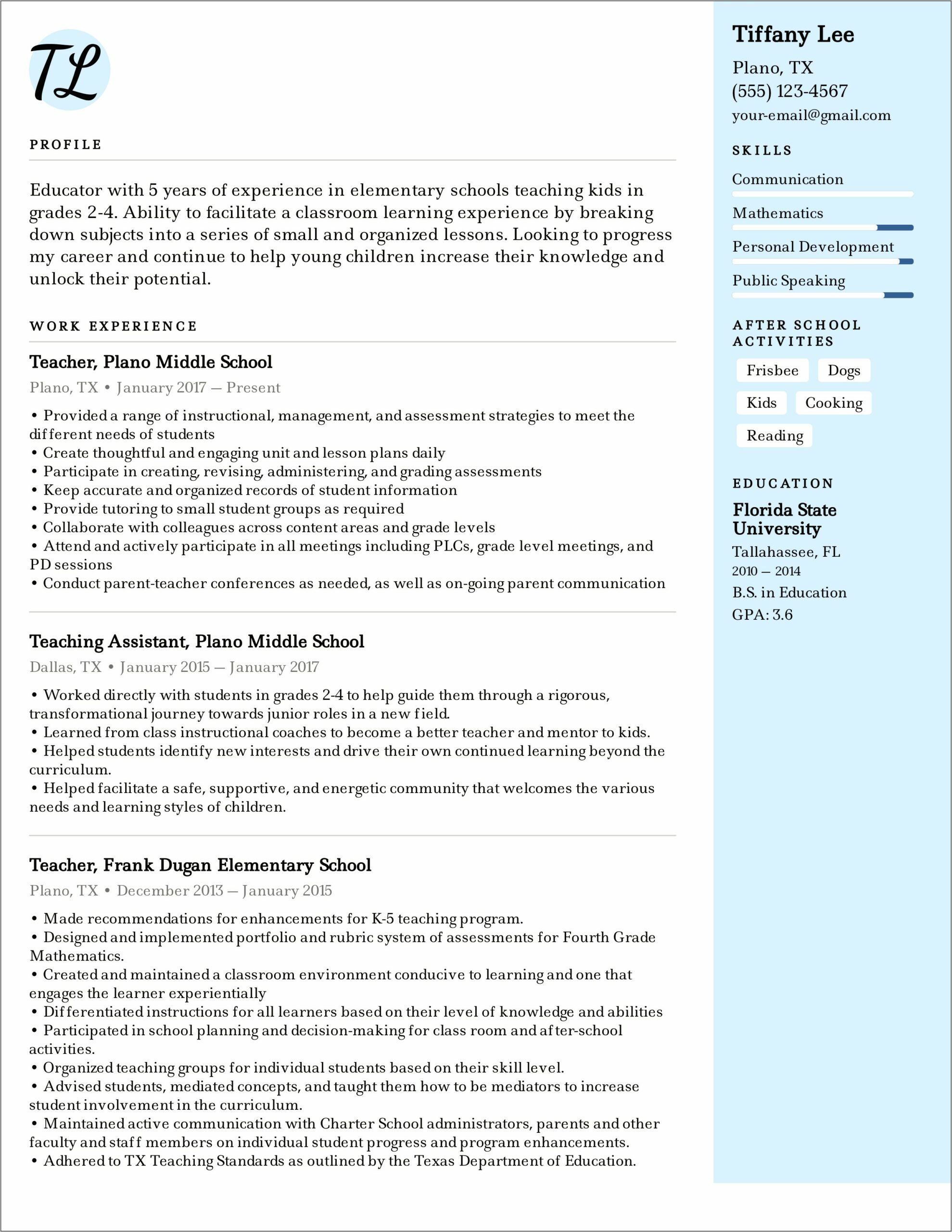 Example Of New Teaching Resume