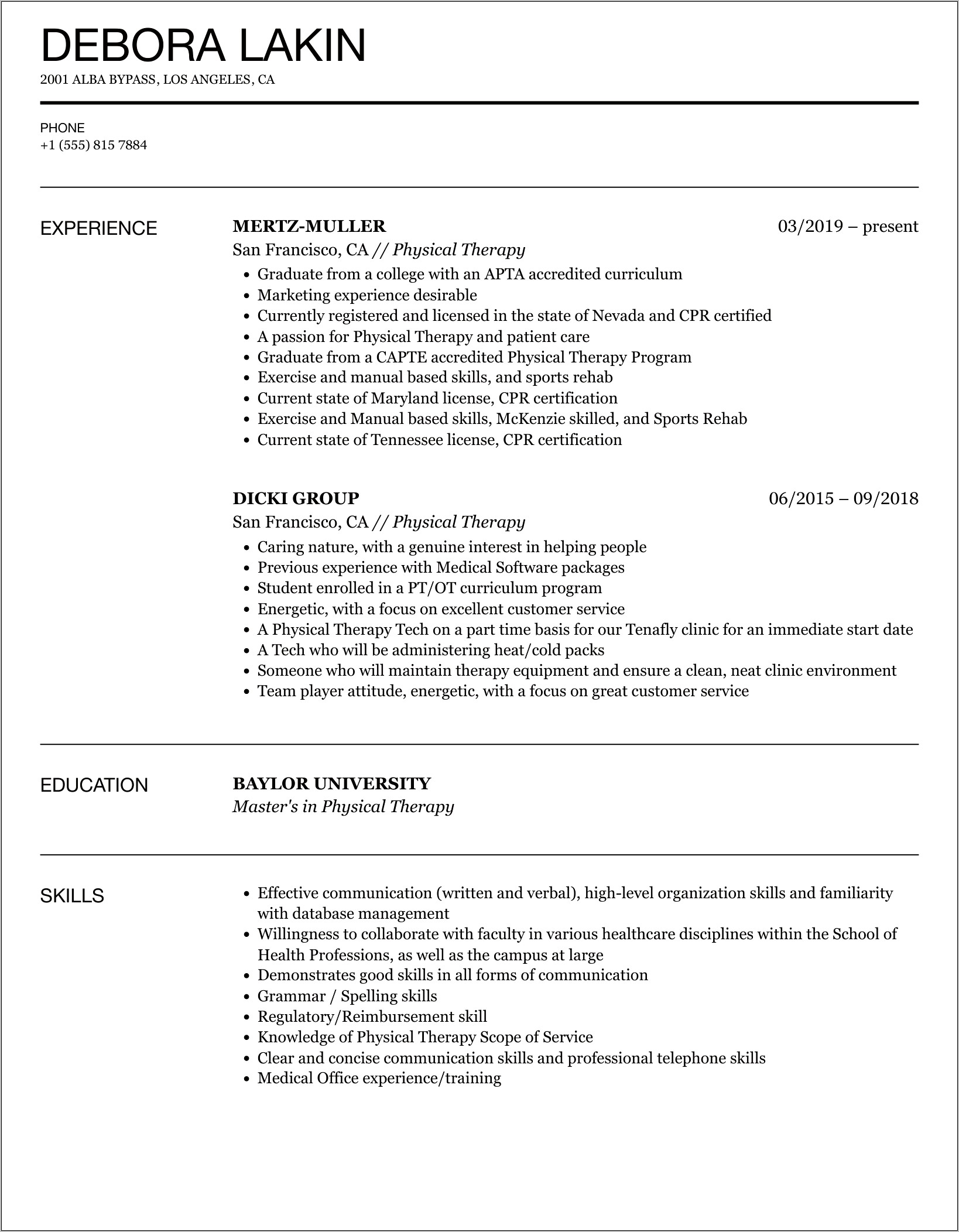 Example Of Phyiscal Therapy Resume