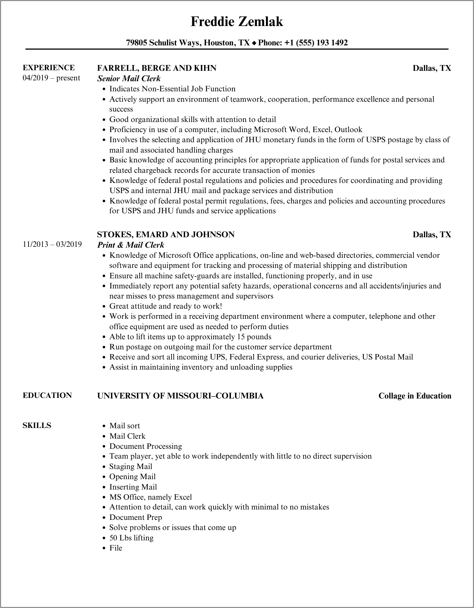 Example Of Postal Clerk Resume