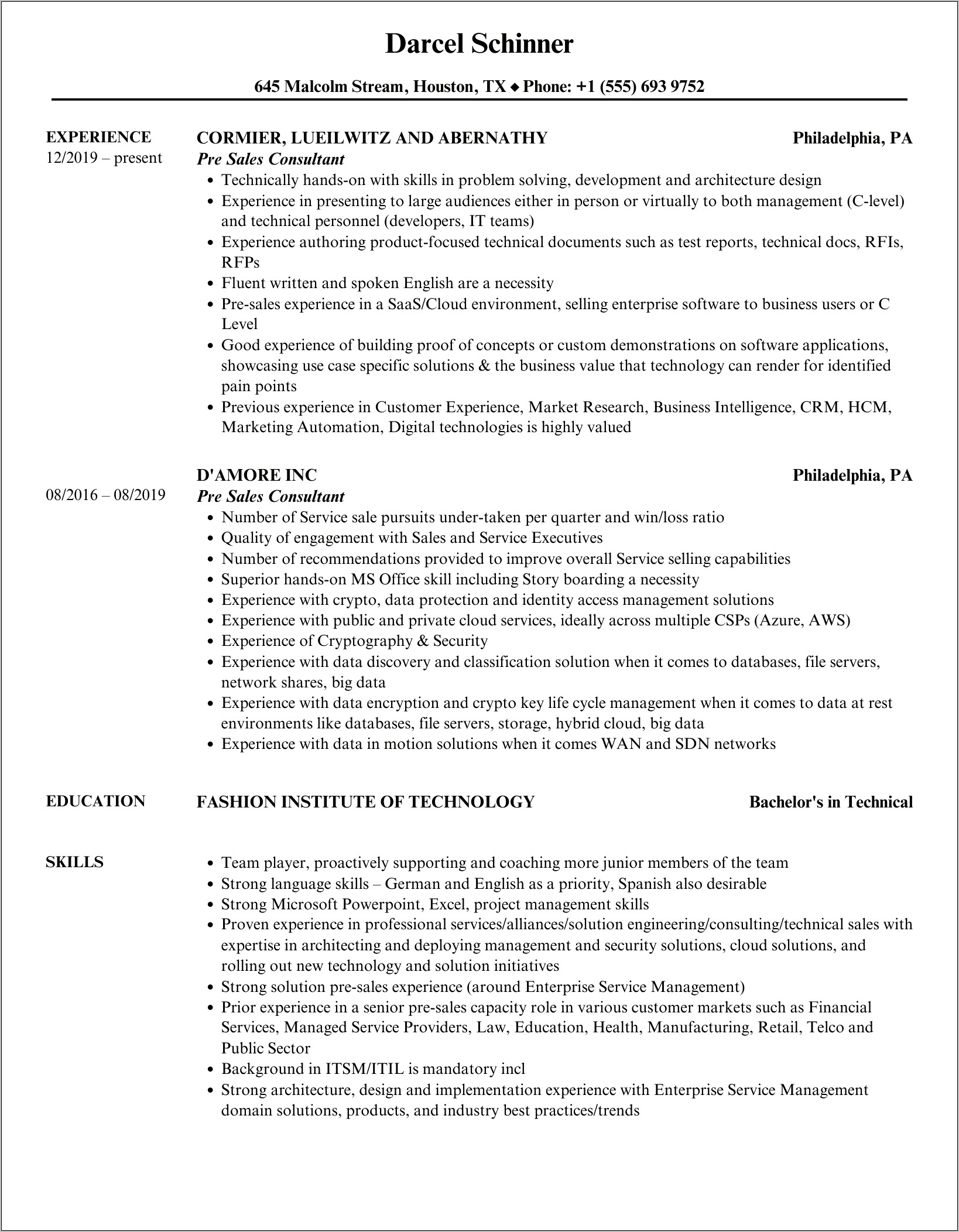Example Of Presales Consultant Resume
