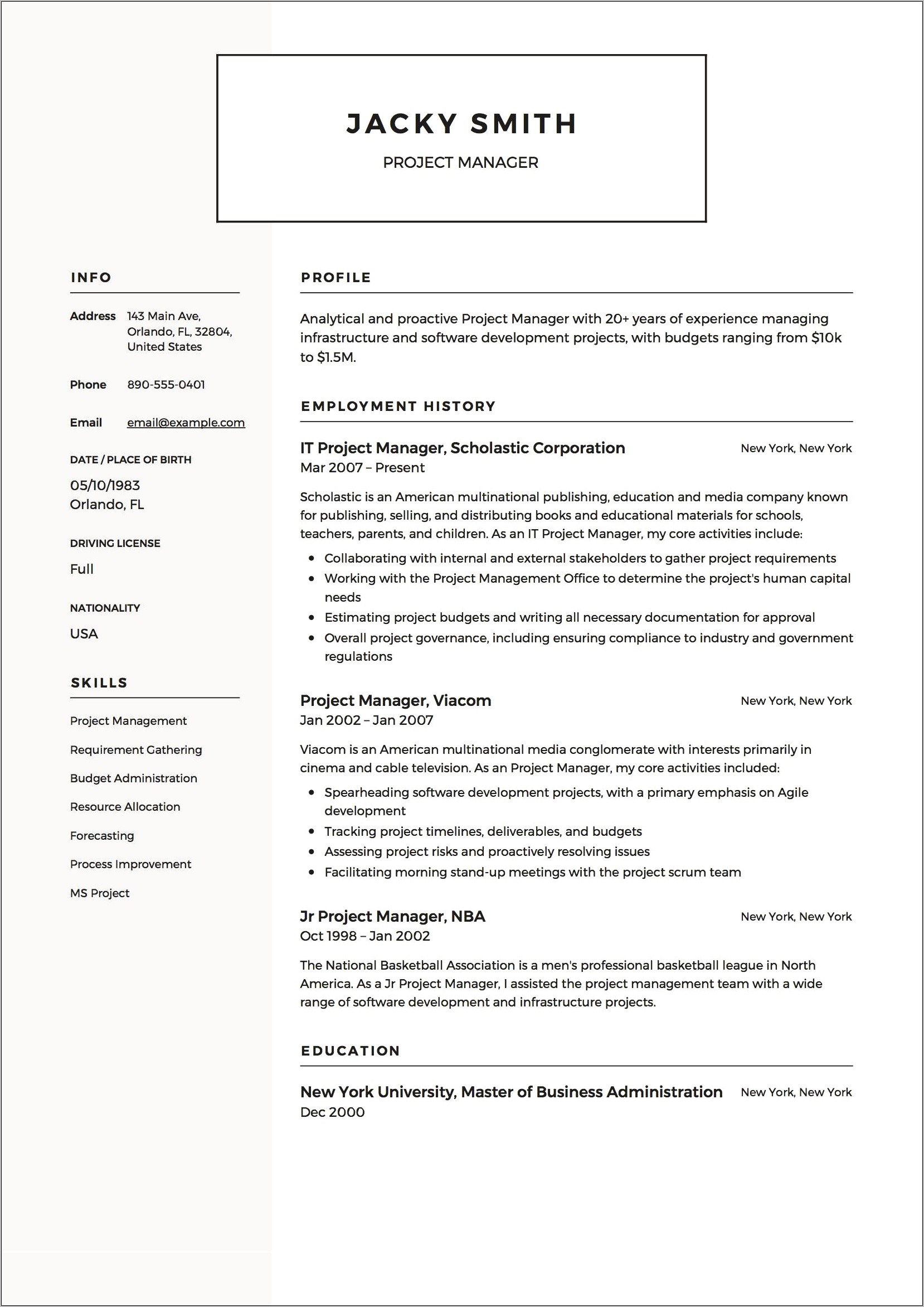 Example Of Projects In Resumes