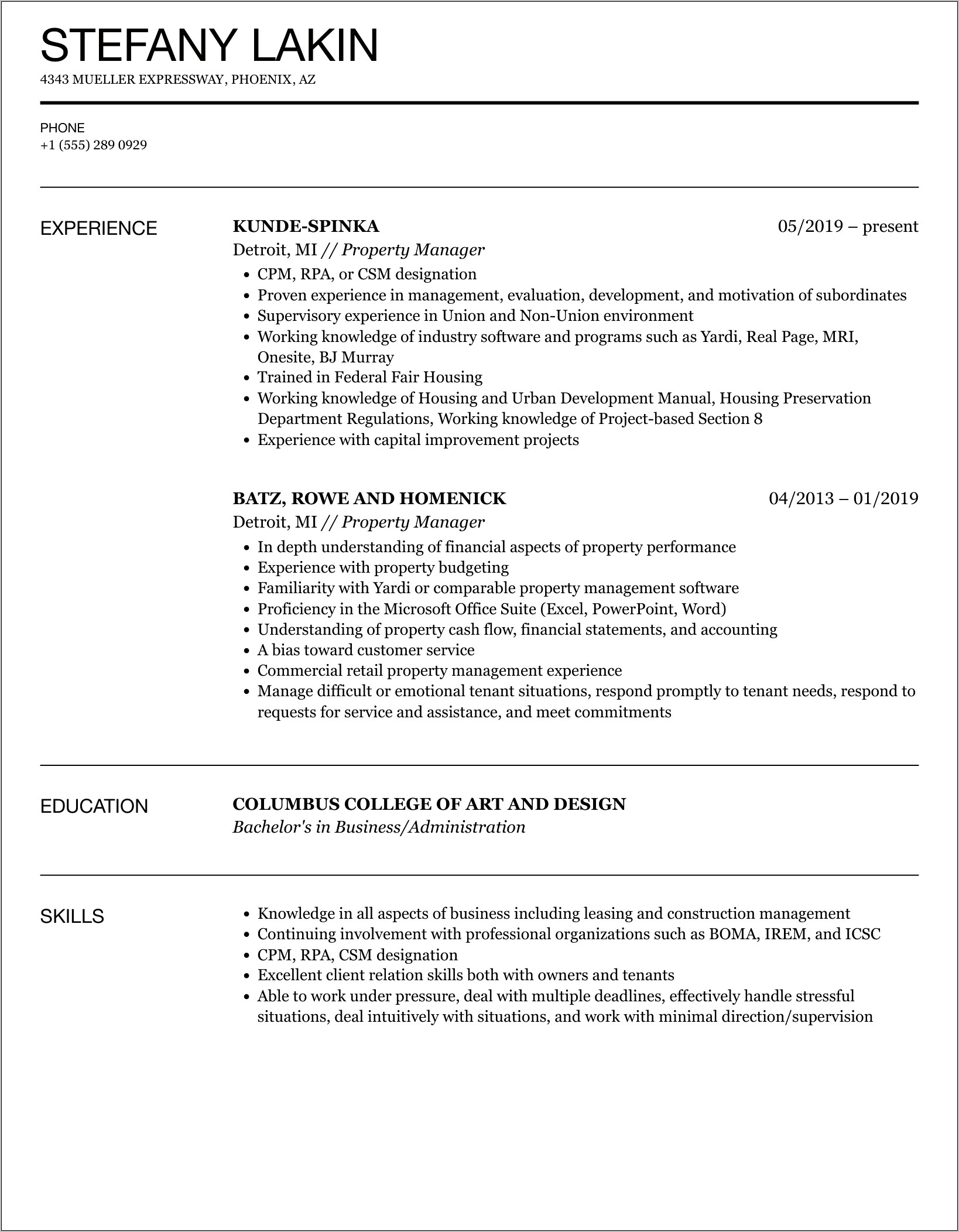 Example Of Property Manager Resume