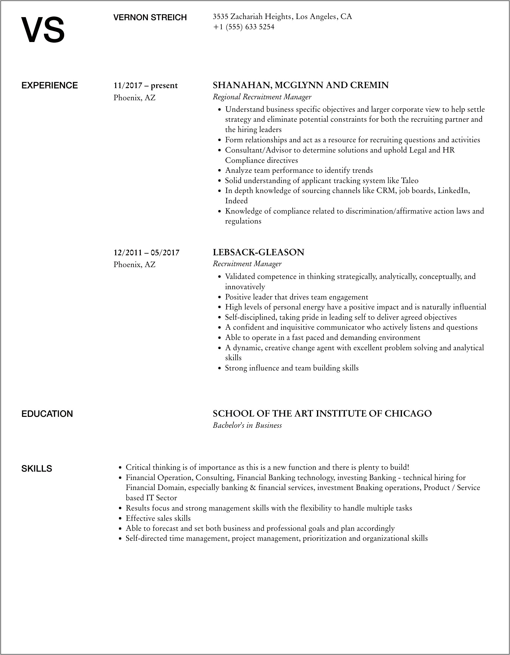 Example Of Recruiting Manager Resume