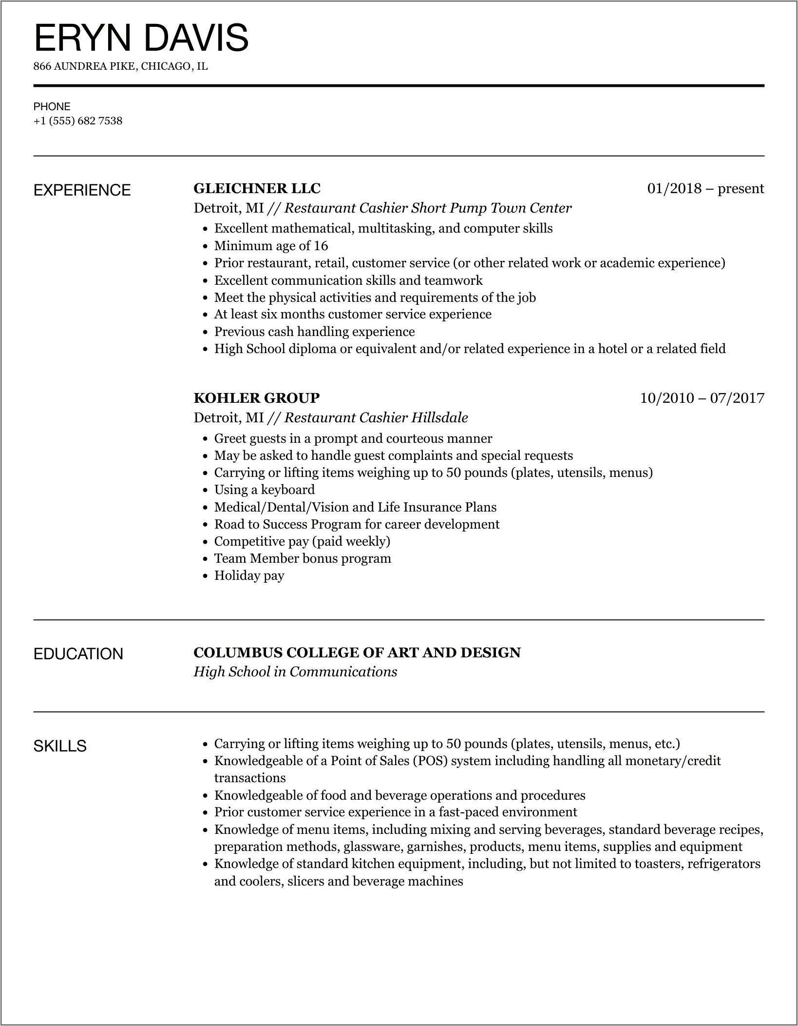 Example Of Restaurant Cashier Resume