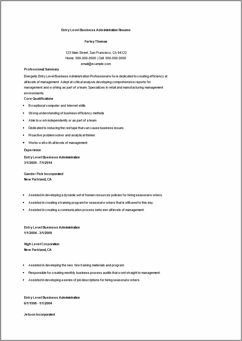 Example Of Resume Business Management
