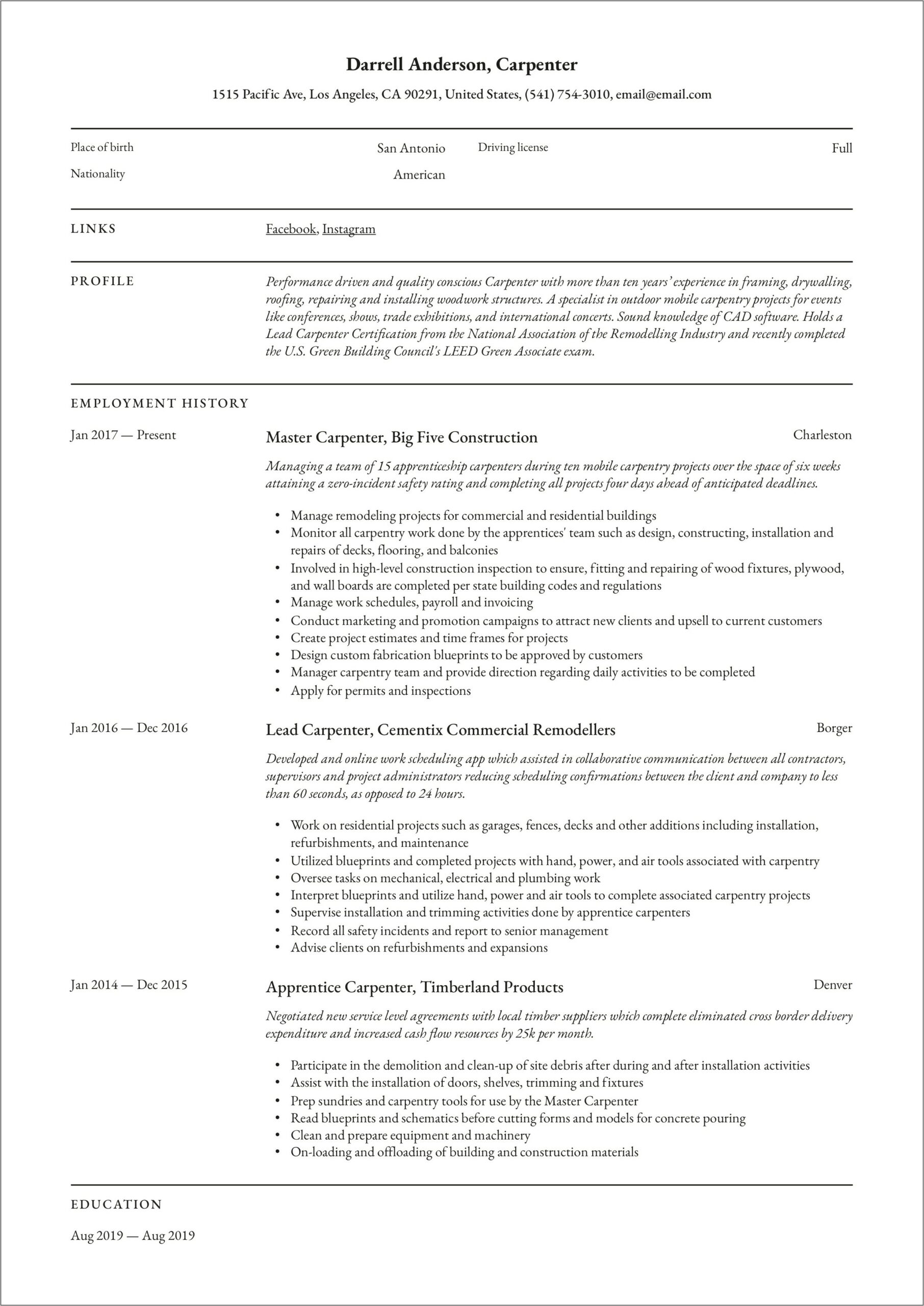 Example Of Resume For Carpenter